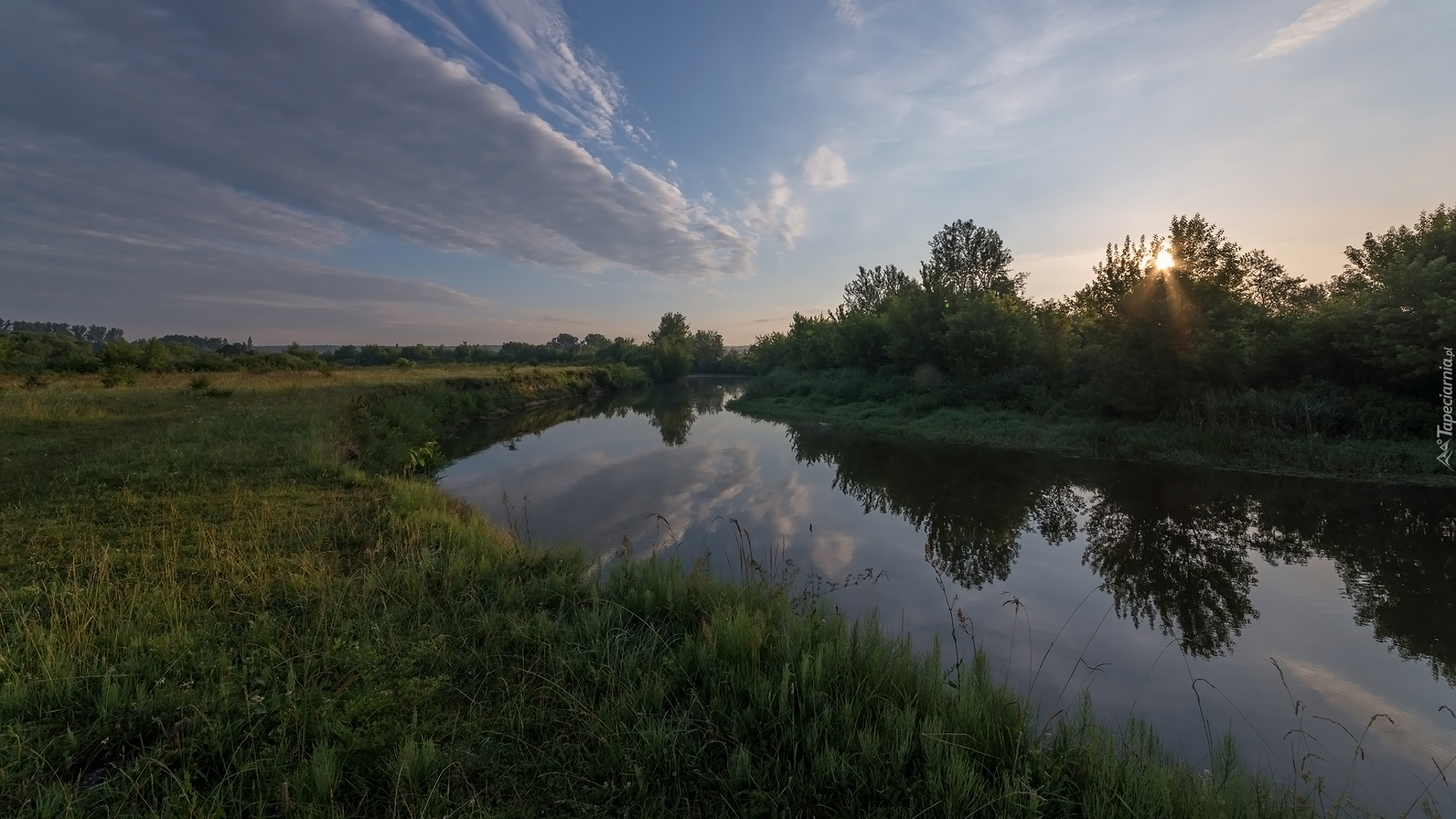 Rzeka, Drzewa, Trawa, Chmury, Odbicie