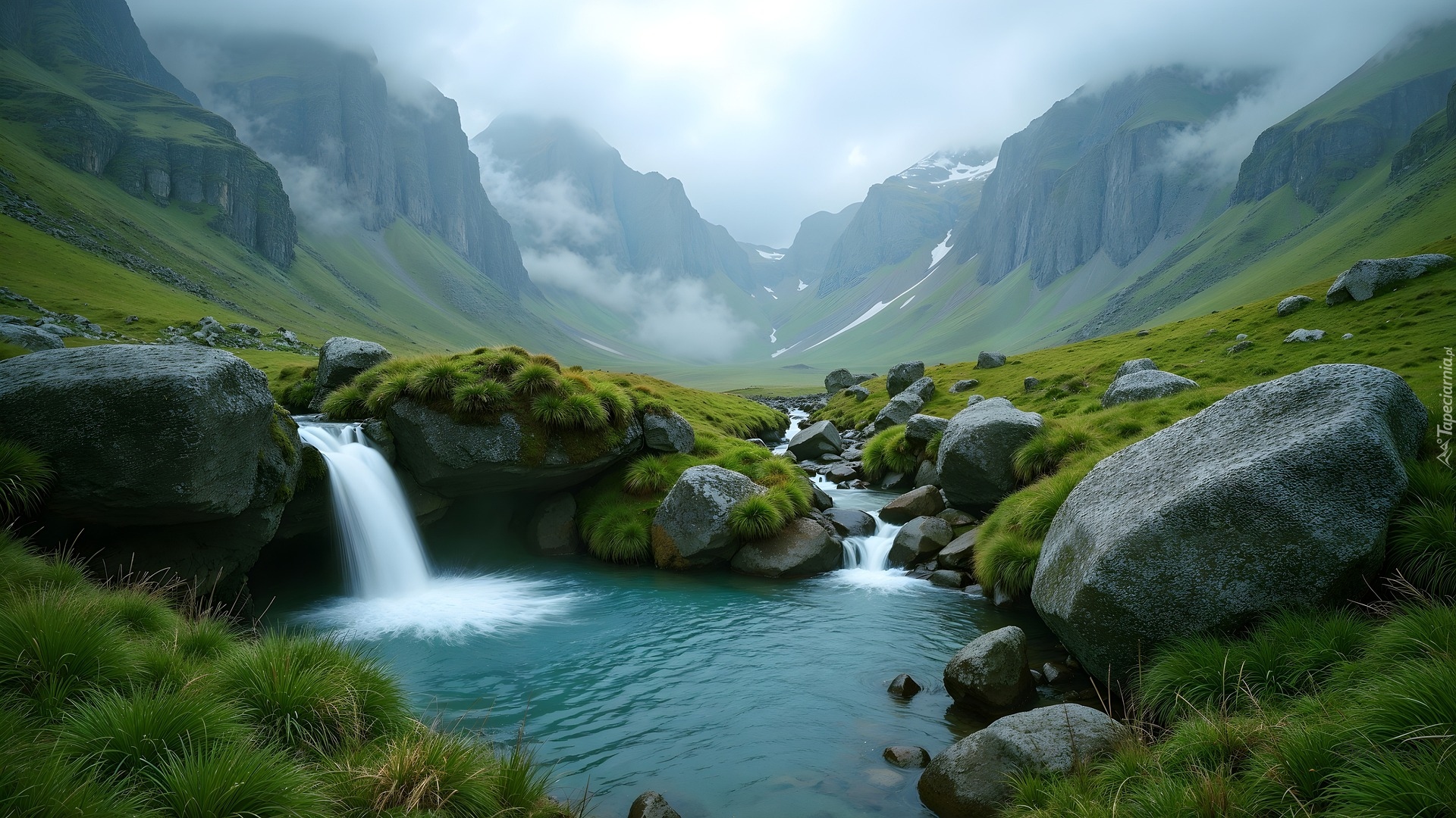 Rzeka, Kamienie, Trawa, Dolina, Góry, Grafika AI