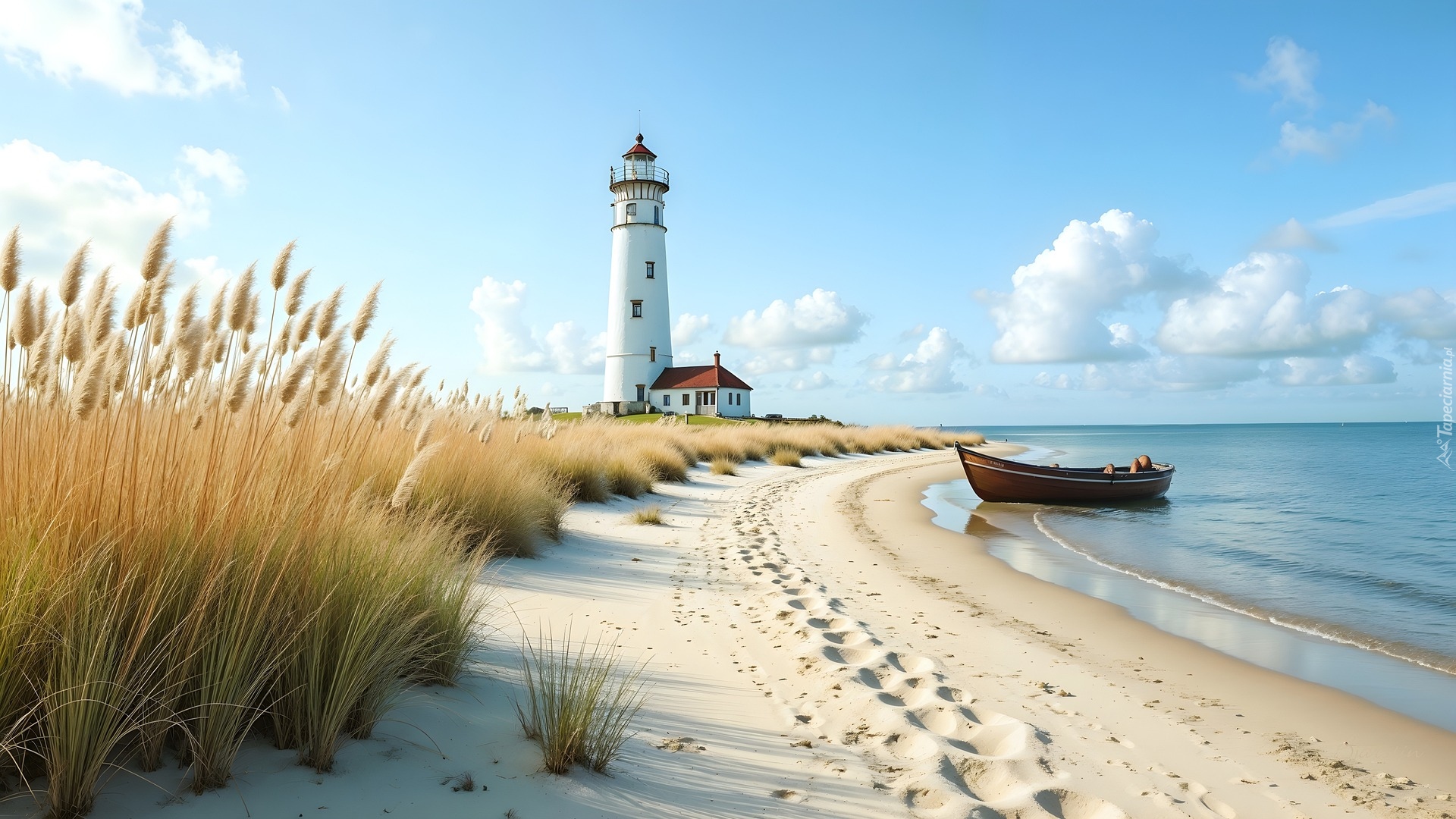Latarnia morska, Plaża, Morze, Łódka, Trawa