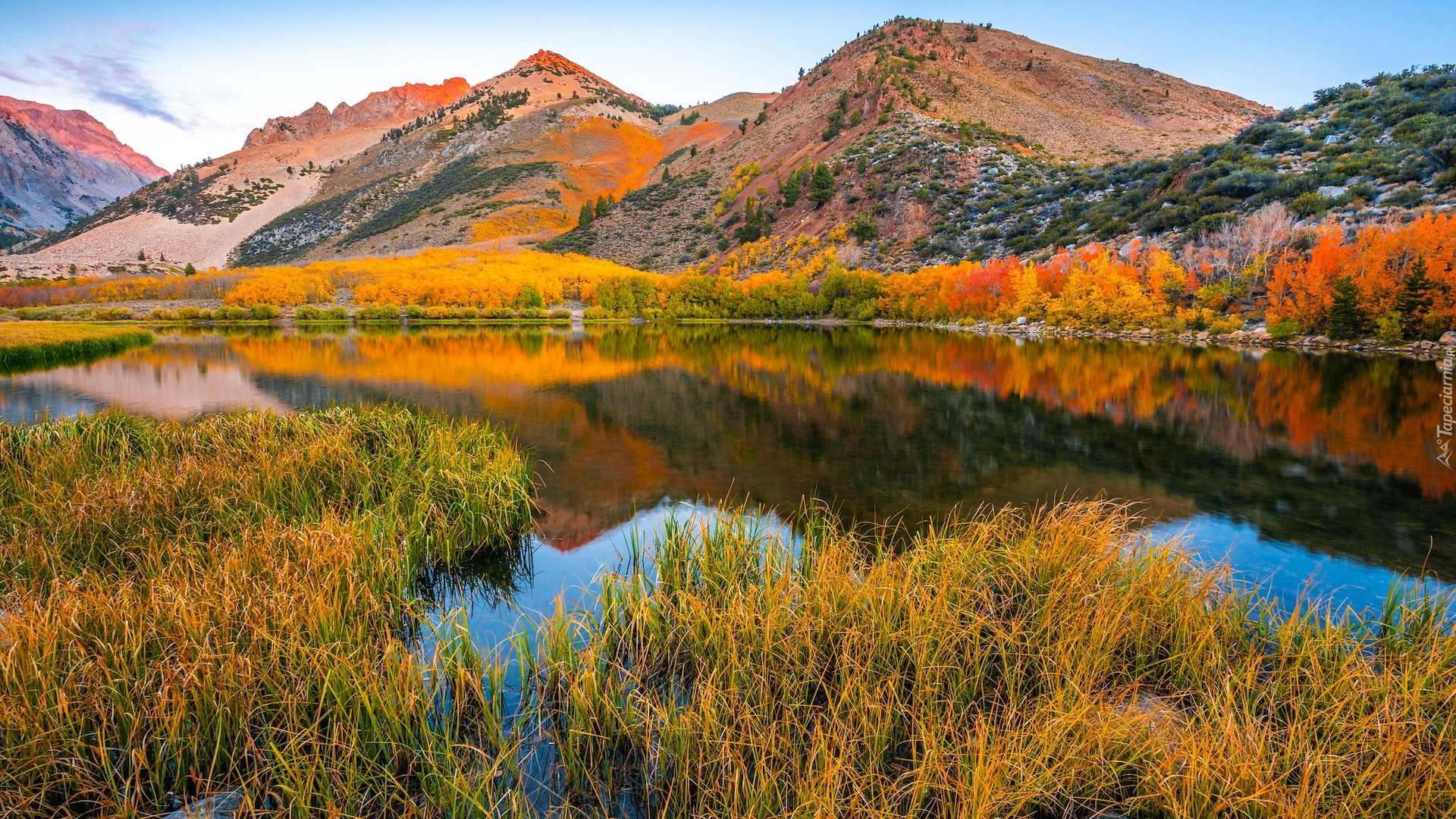 Stany Zjednoczone, Kalifornia, Eastern Sierra, Góry, Drzewa, Jesień, Jezioro, North Lake