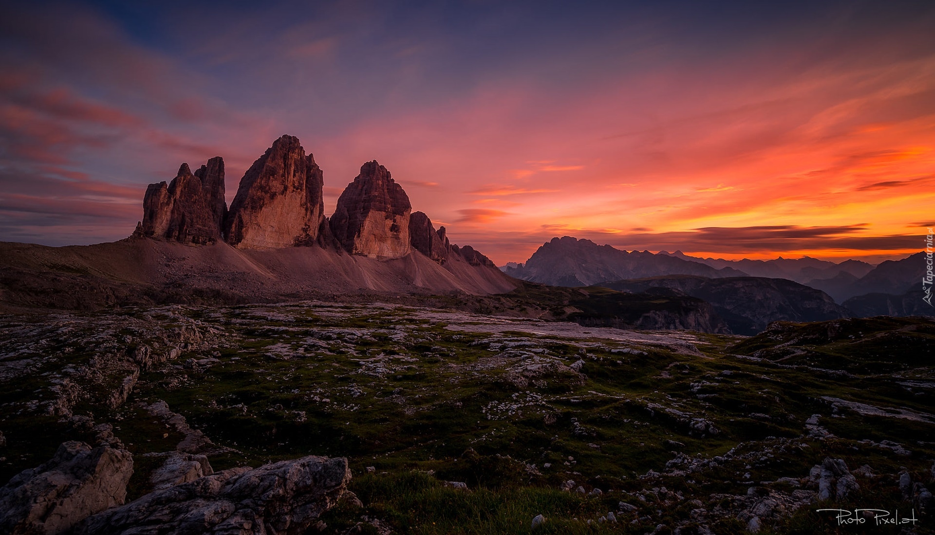 Włochy, Tre Cime di Lavaredo, Góry, Skały, Zachód słońca