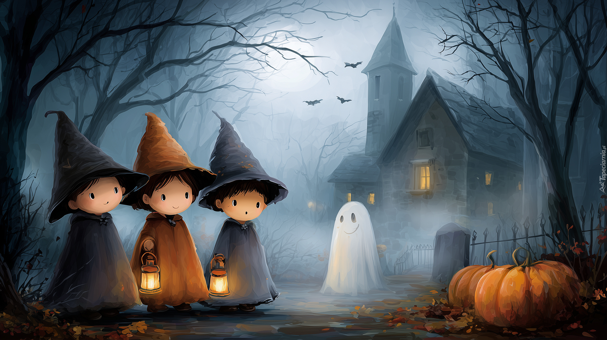 Dzieci, Duszek, Dynie, Halloween, Grafika AI