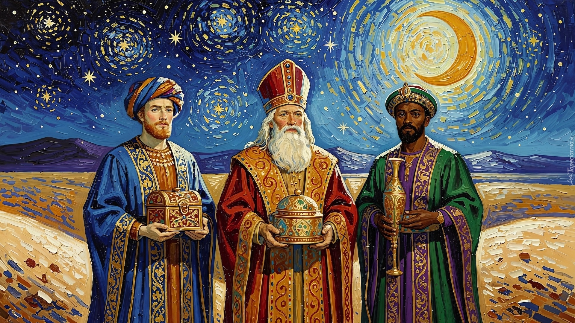 Mężczyźni, Trzej Królowie, Mędrcy, Dary, Gwiazdy, Księżyc, Noc, Grafika Religijna