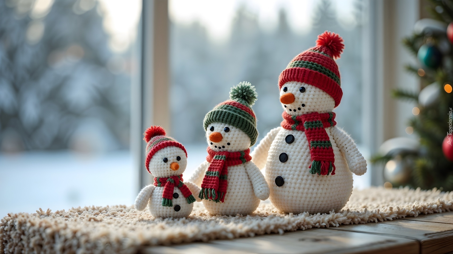 Trzy, Bałwanki, Czapki, Dekoracja