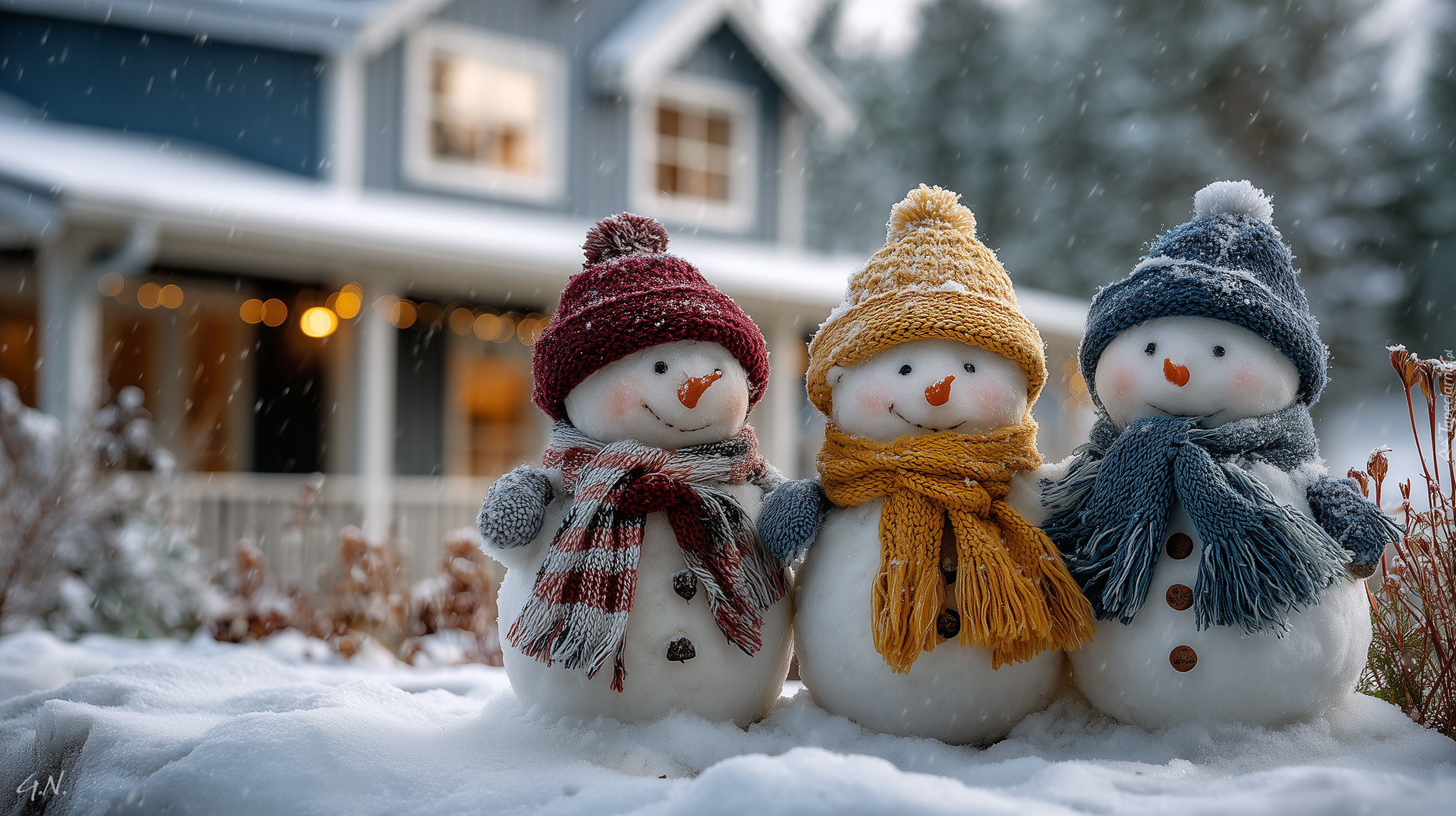 Trzy, Bałwanki, Kolorowe, Czapki, Szaliki, Zima, Grafika AI