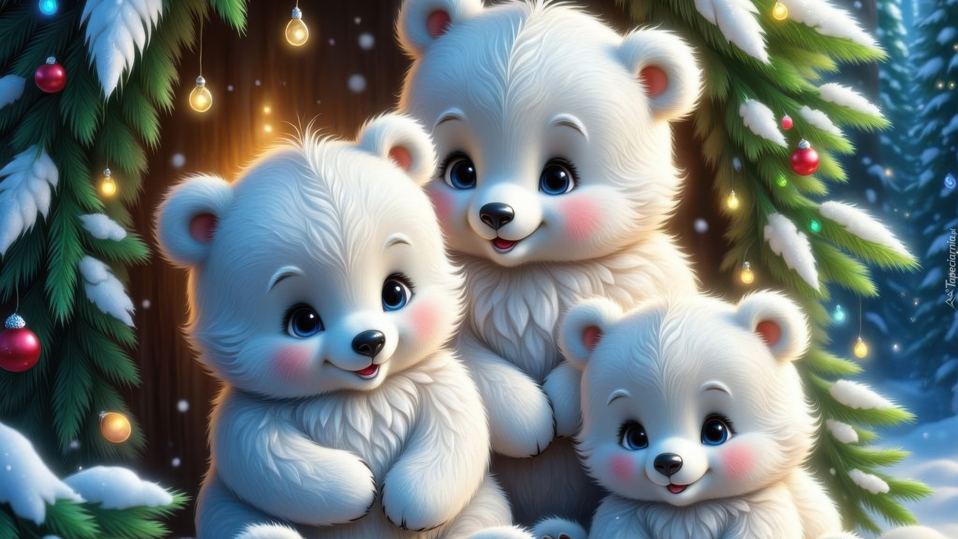 Trzy, Białe, Misie, Choinka, Śnieg