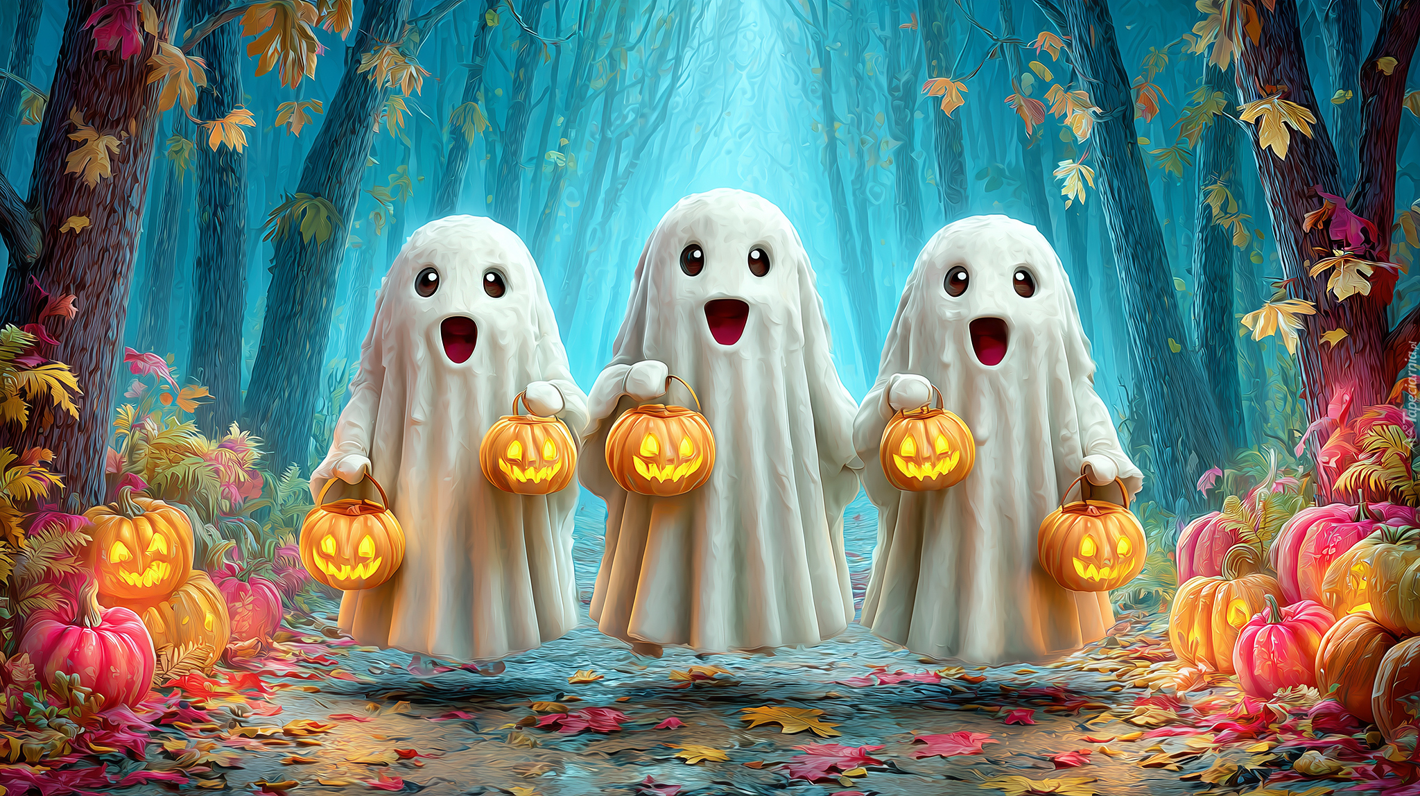 Halloween, Trzy, Duchy, Dynie, Las, Grafika AI