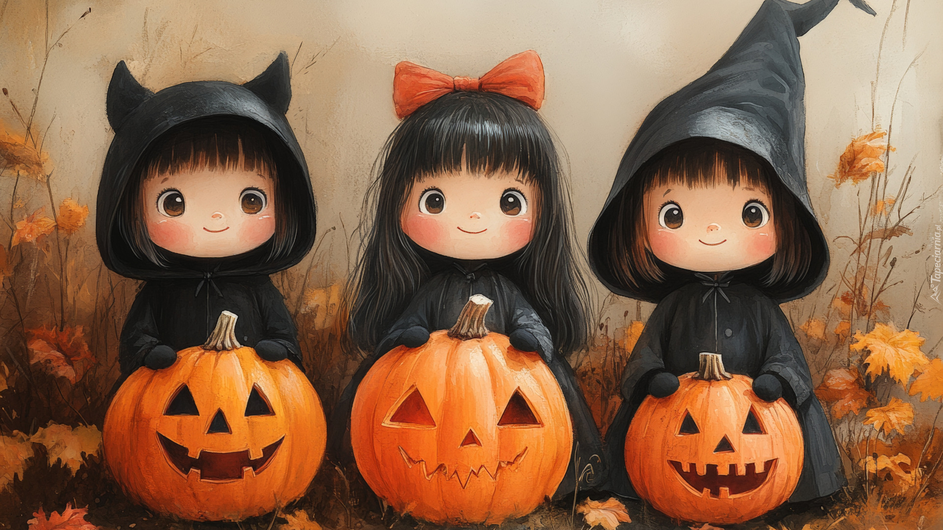 Halloween, Trzy, Dziewczynki, Stroje, Dynie, Liście