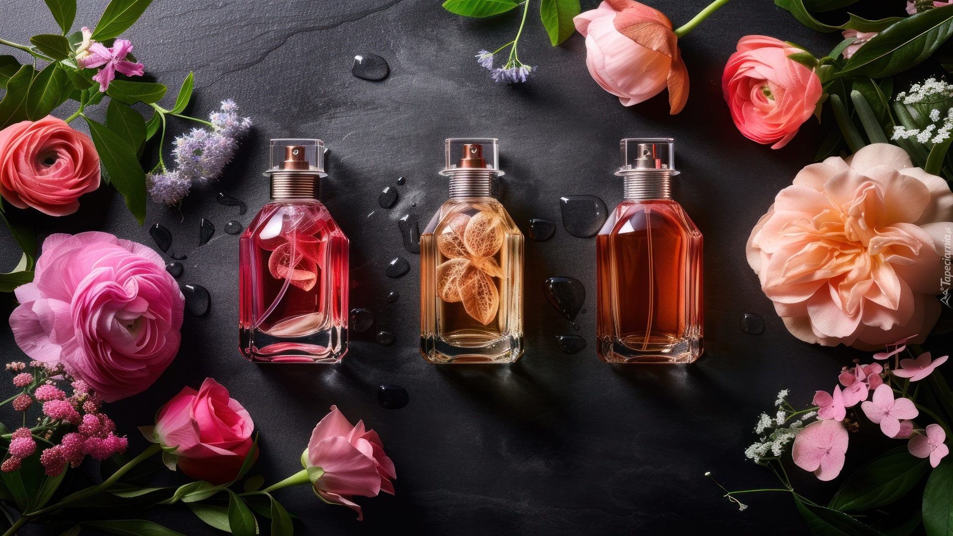 Perfumy, Flakon, Kwiaty, Ciemne, Tło