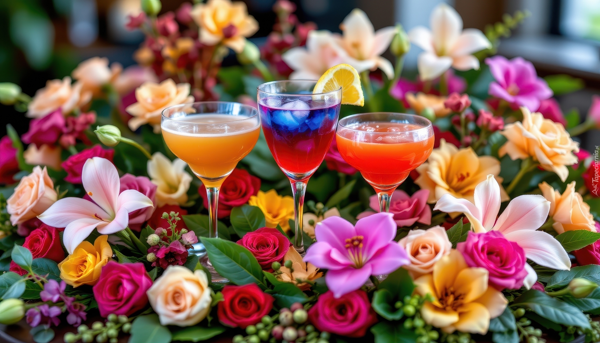 Kolorowe, Drinki, Kieliszki, Kwiaty, Róże, Lilie