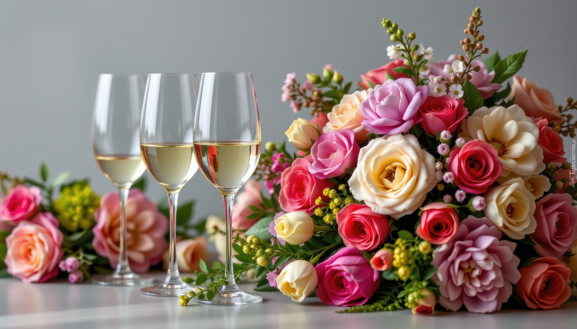 Kieliszki, Wino, Bukiet, Kwiaty, Róże, Tulipany
