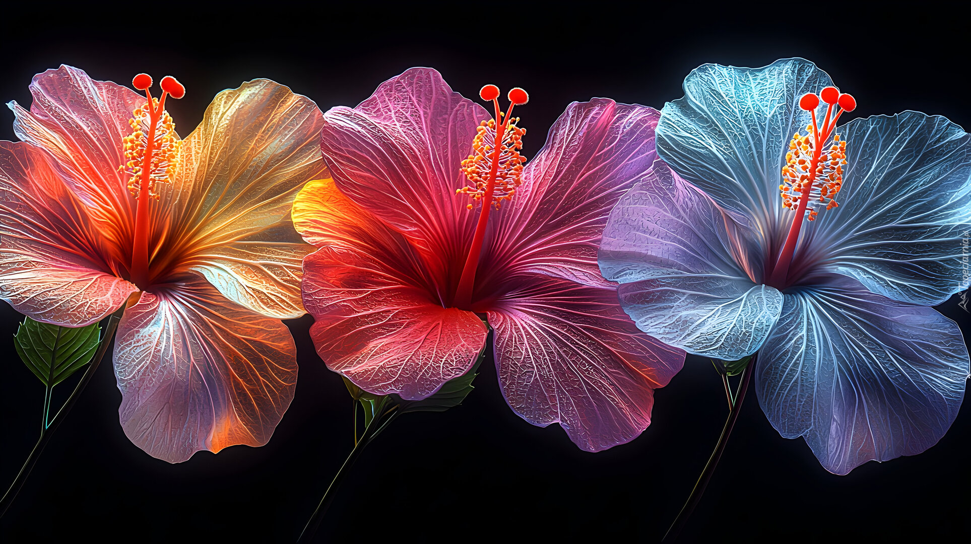 Kwiaty, Trzy, Kolorowe, Hibiskusy