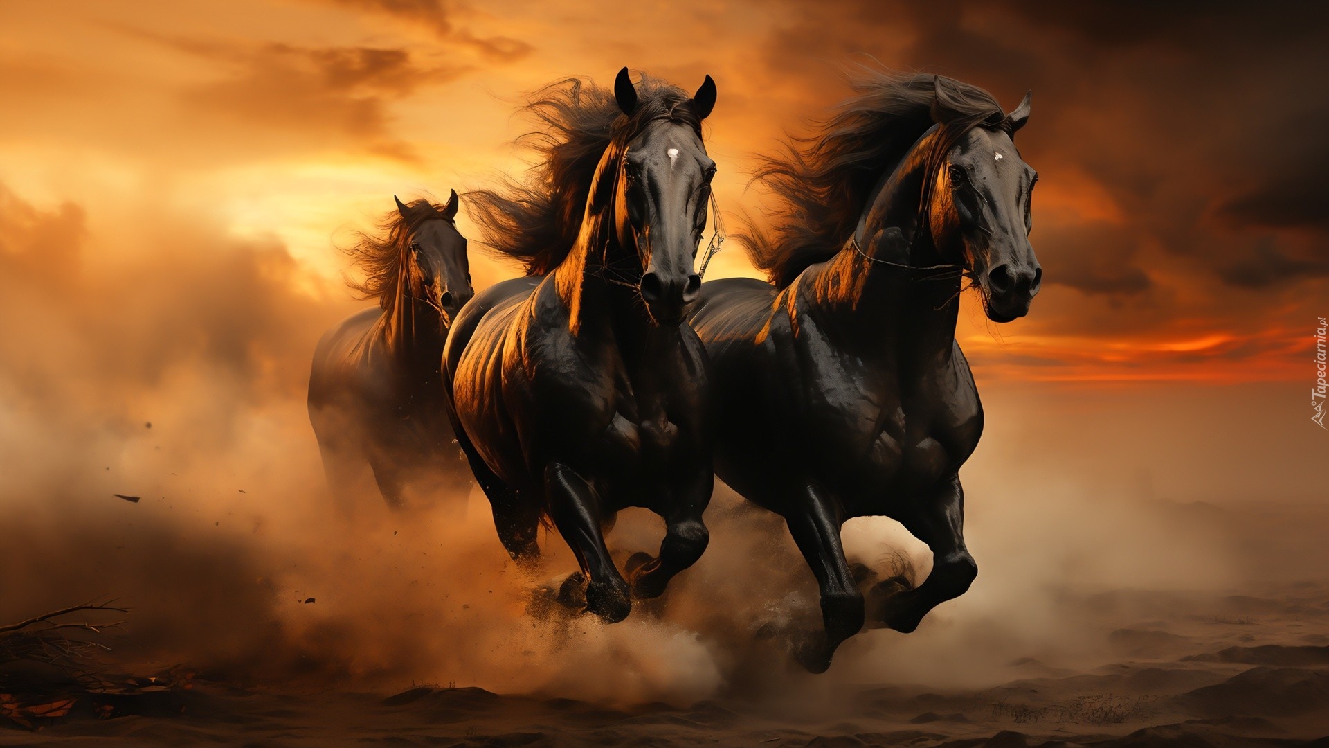 Trzy, Konie, Kare, Galop, Kurz, Zachód słońca