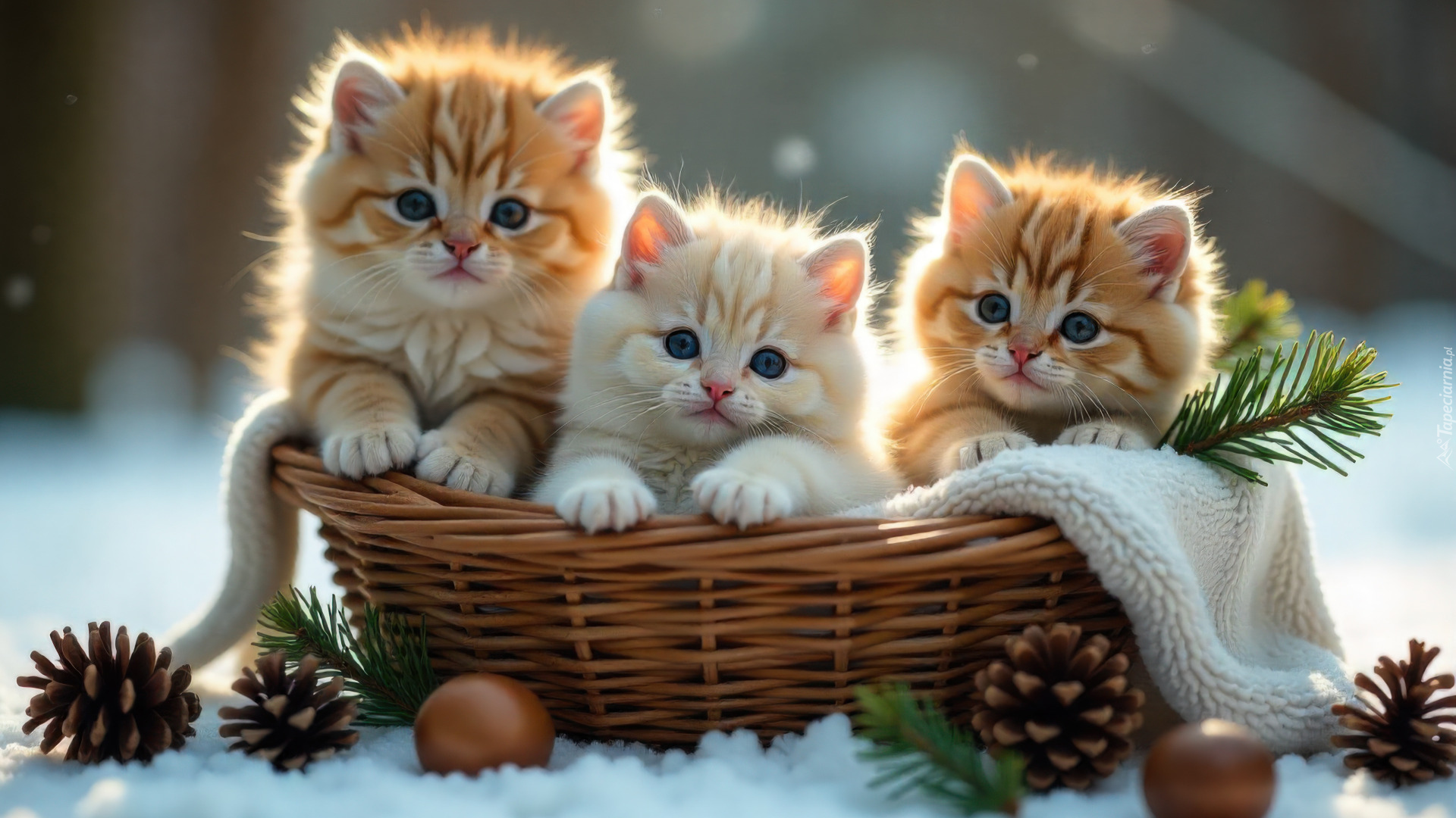 Zima, Śnieg, Trzy, Rude, Koty, Kosz, Koc, Gałązki, Szyszki, Grafika AI