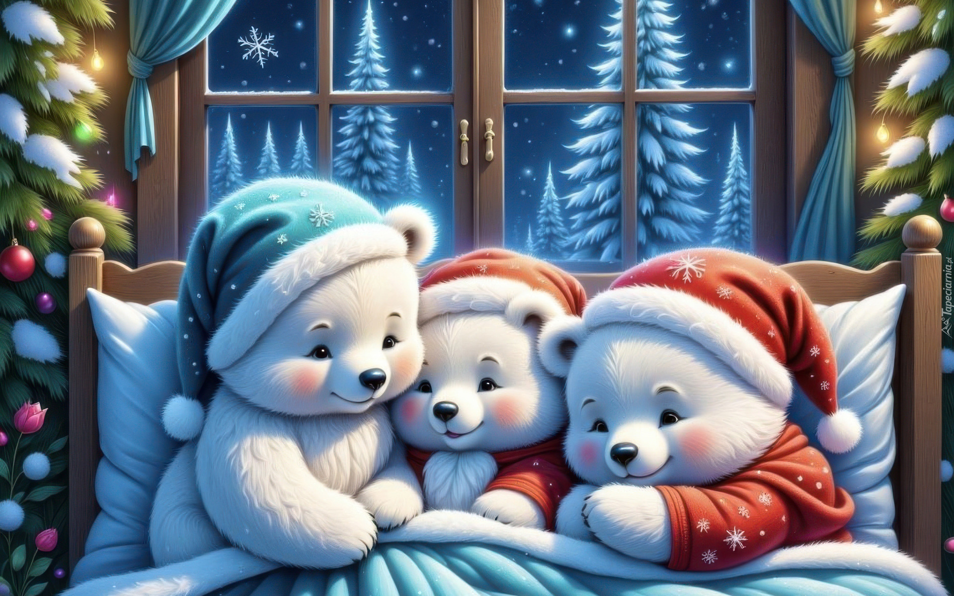 Trzy, Misie, Czapki, Łóżko, Choinki, Okno, Zima, AI