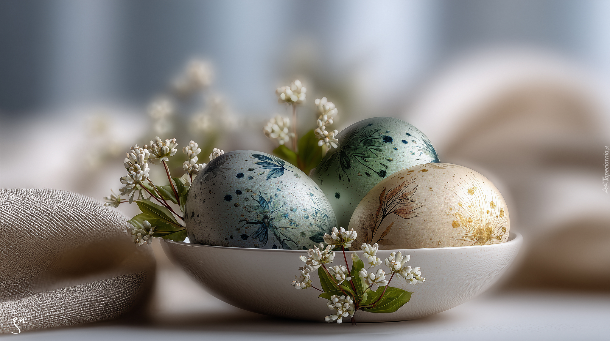Wielkanoc, Jajka, Pisanki, Białe, Kwiaty, Miska