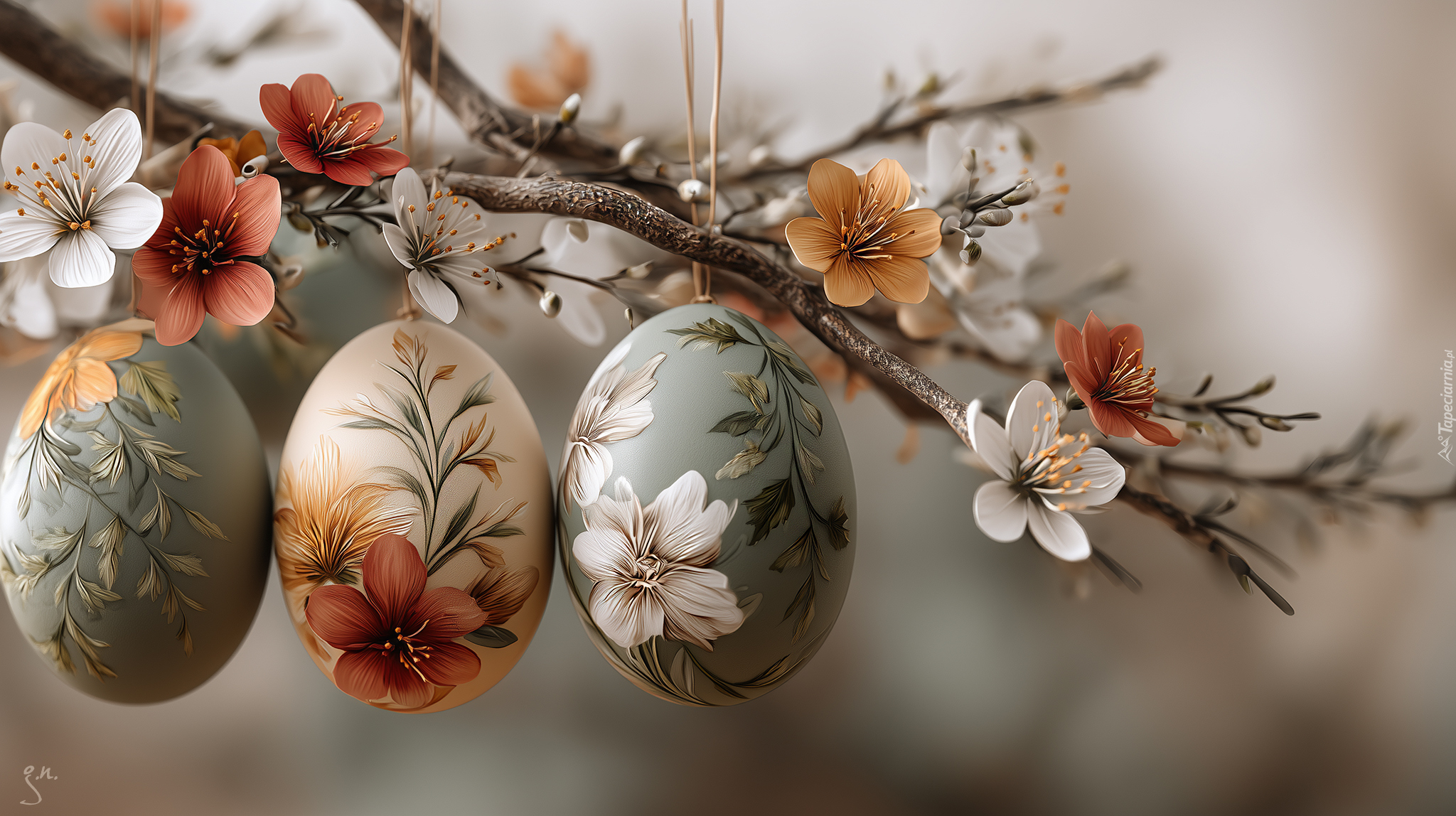 Wielkanoc, Trzy, Pisanki, Gałązka, Kwiaty, Grafika AI