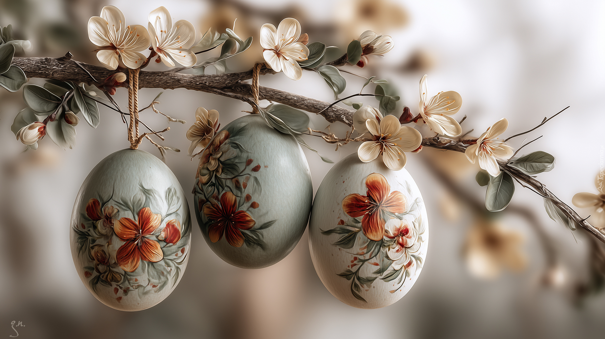 Wielkanoc, Trzy, Pisanki, Gałązka, Białe, Kwiaty, Grafika AI