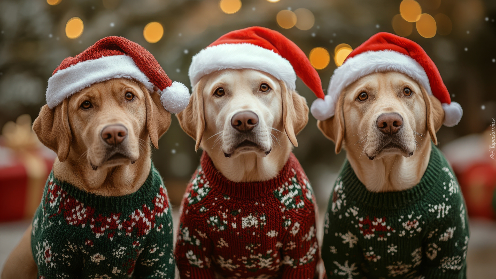 Trzy, Psy, Czapki, Mikołaja, Swetry