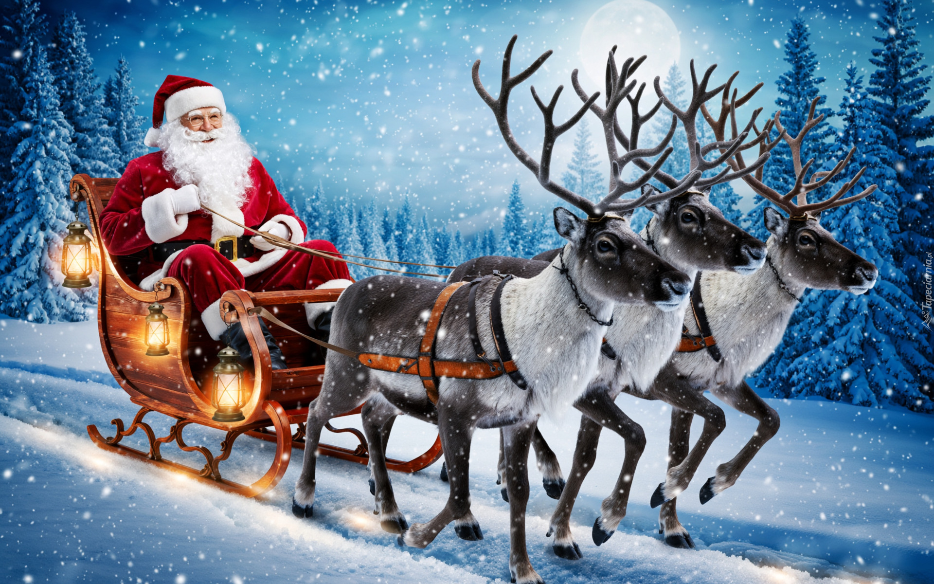 Zima, Święty, Mikołaj, Sanie, Latarnie, Renifery, Śnieg, Grafika AI