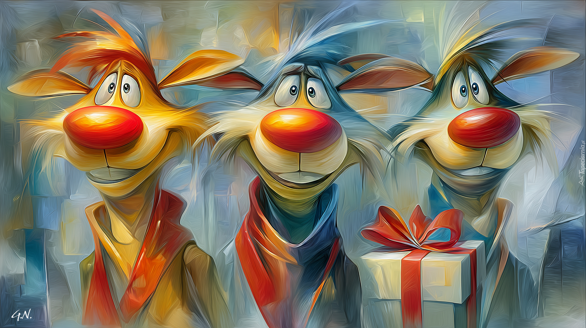 Trzy, Renifery, Czerwone, Nosy, Prezent, Grafika AI