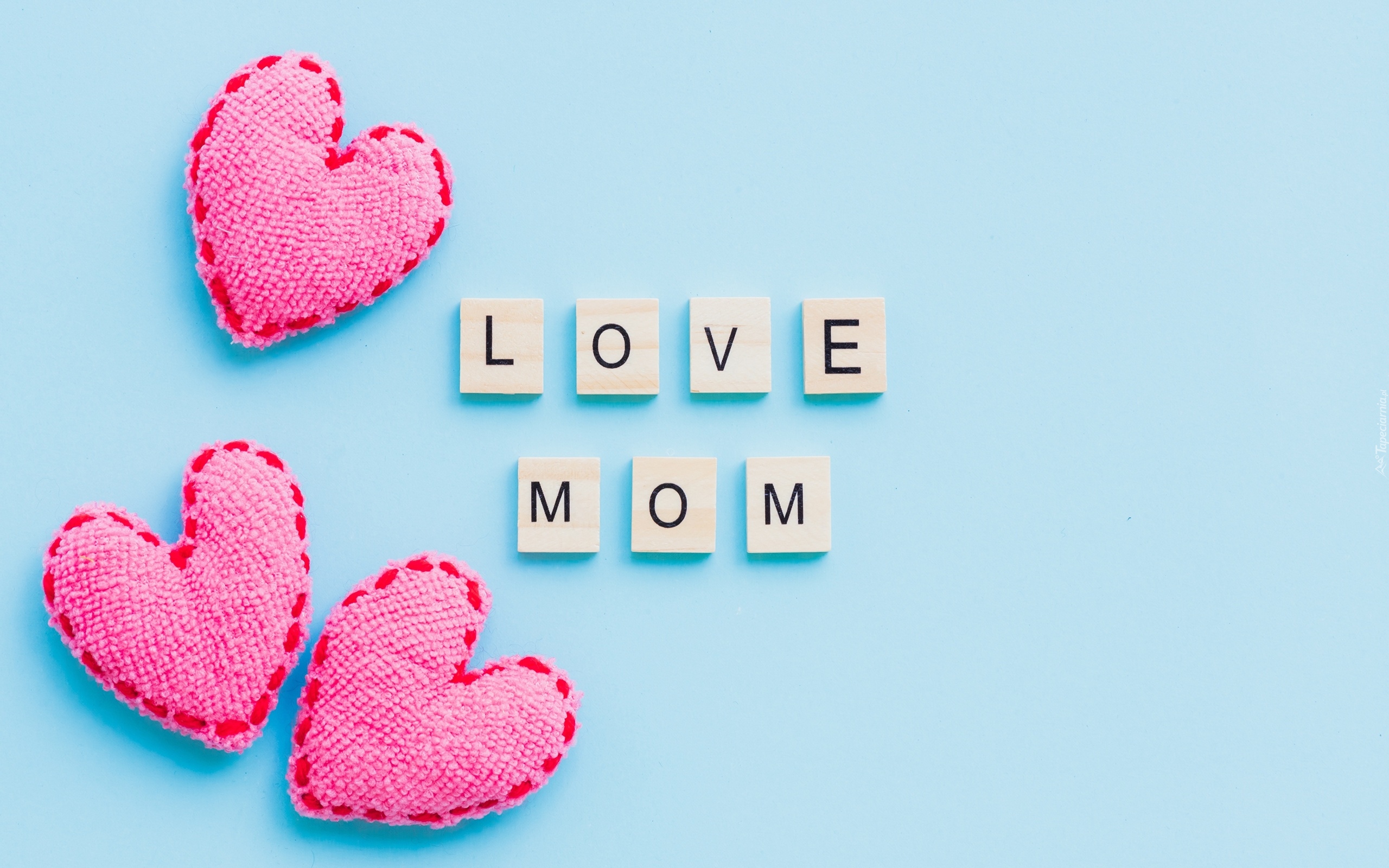 Dzień Matki, Trzy, Serca, Napis, Love Mom, Błękitne tło