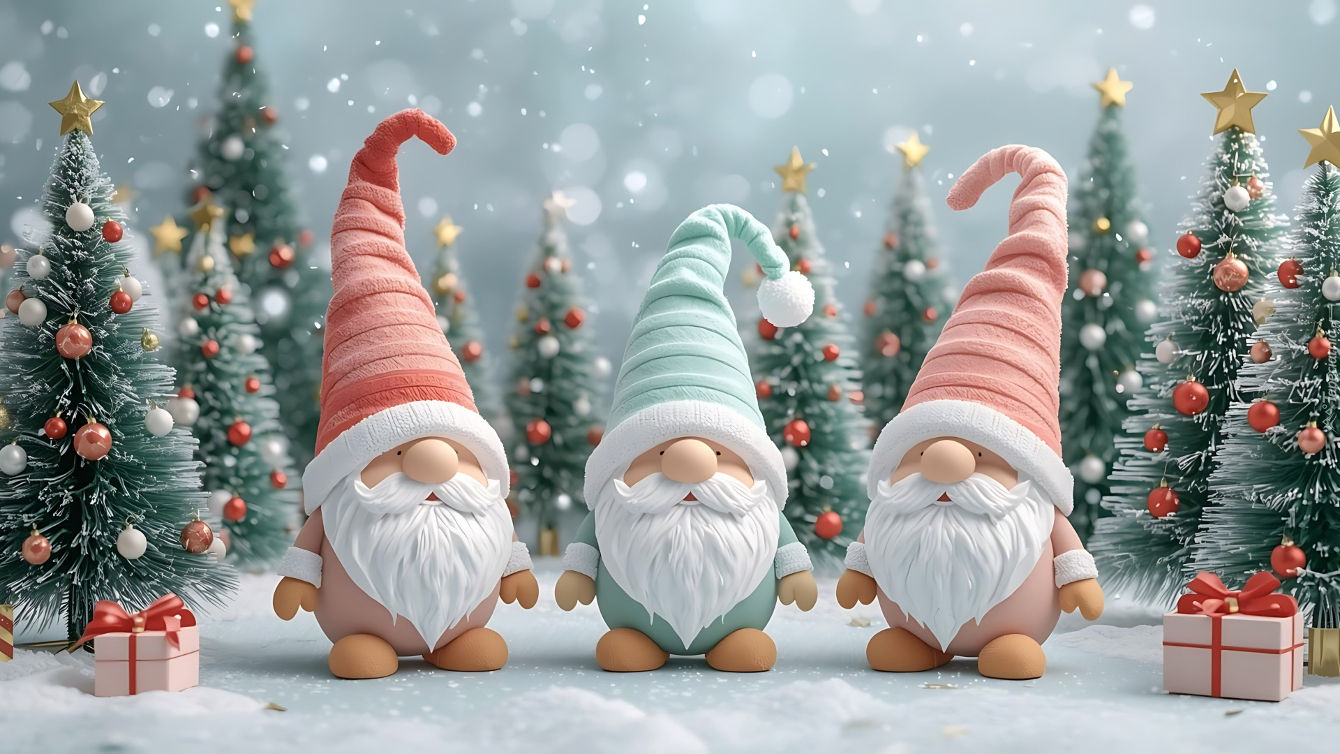 Zima, Trzy, Skrzaty, Prezenty, Choinki, Grafika, Boże Narodzenie