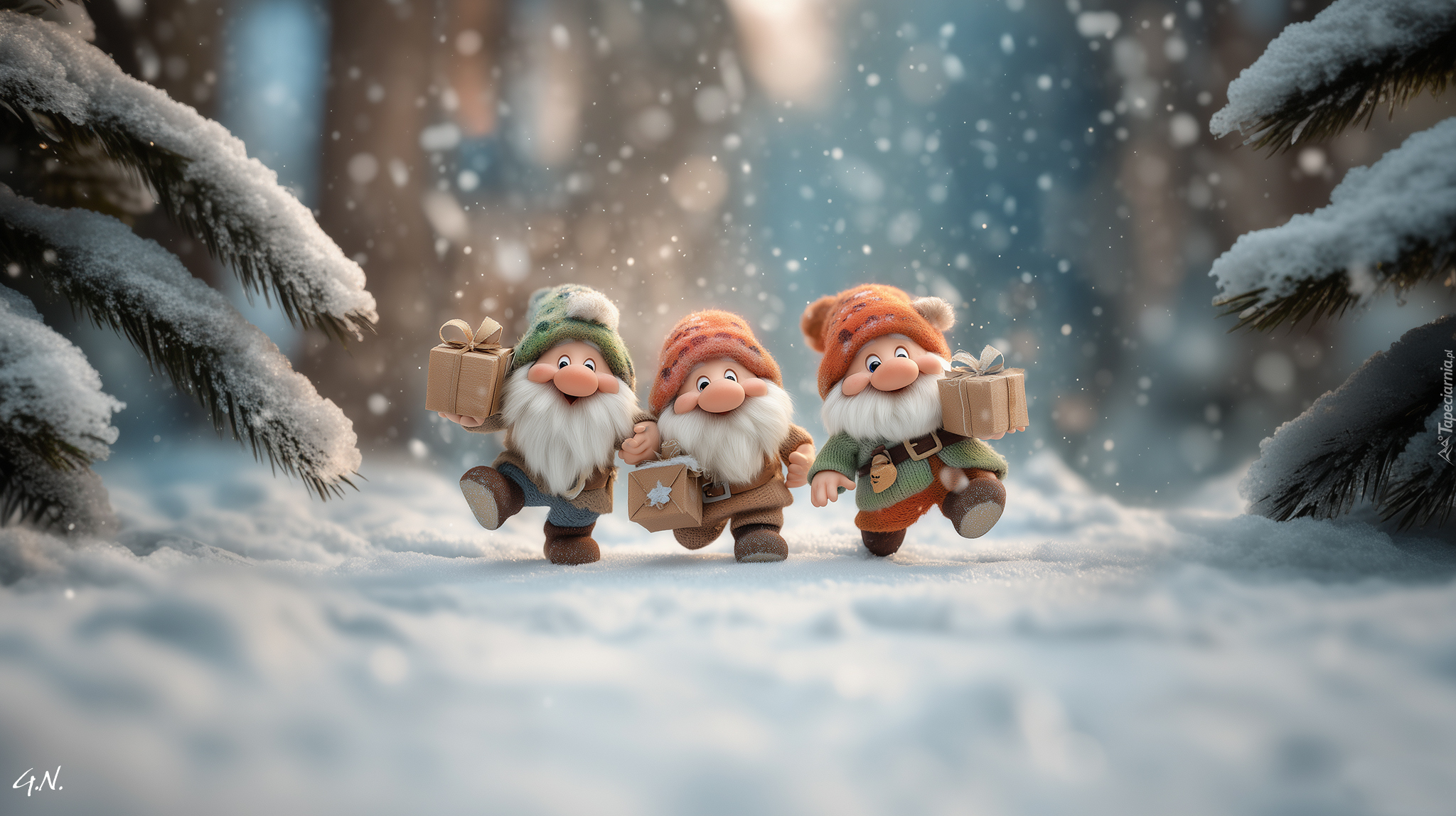 Trzy, Skrzaty, Choinki, Zima, Grafika AI