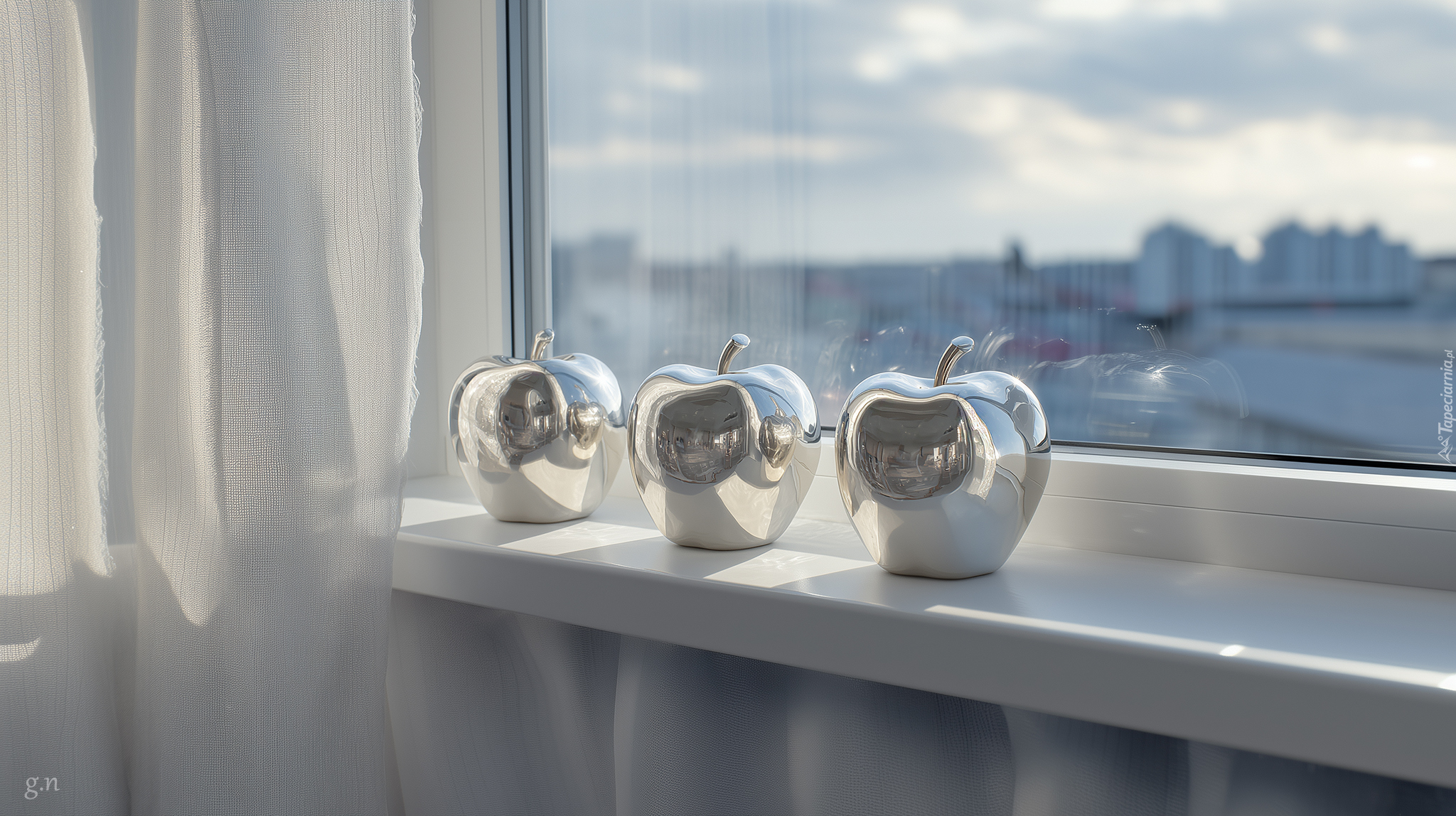 Dekoracja, Trzy, Srebrne, Jabłka, Okno, Parapet, Firana