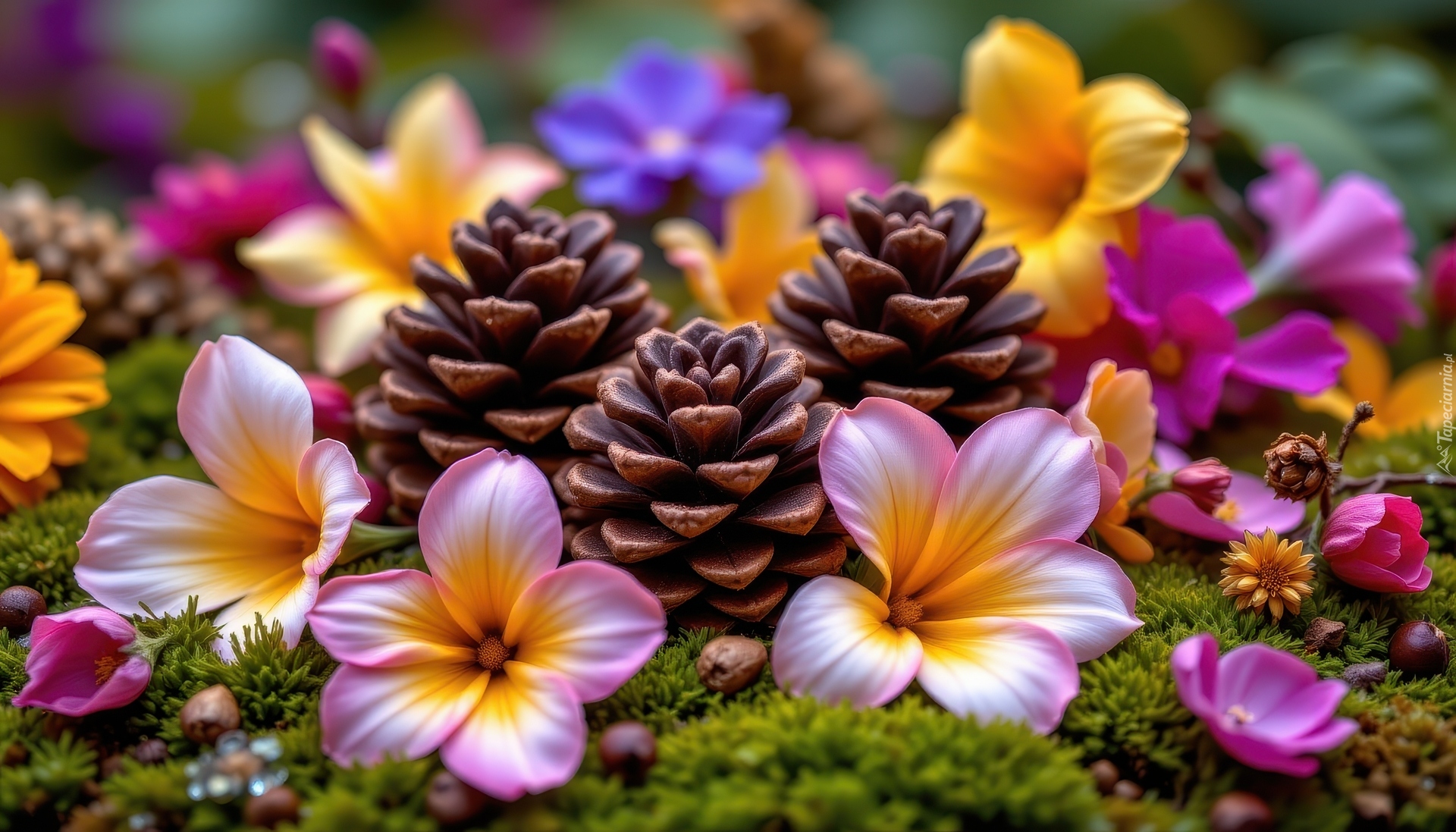 Kolorowe, Kwiaty, Trzy, Szyszki, Grafika AI