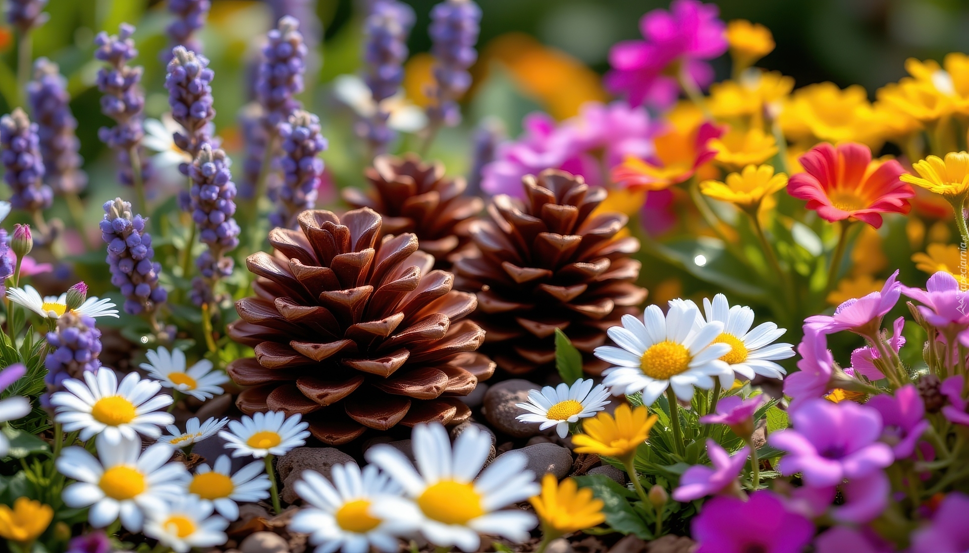 Kolorowe, Kwiaty, Stokrotki, Lawenda, Szyszki