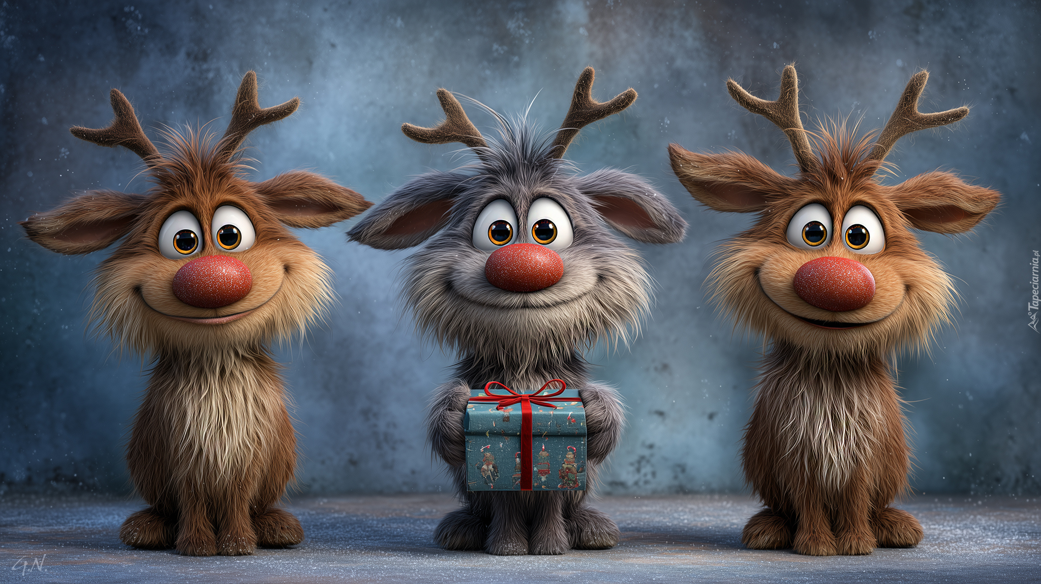 Trzy, Renifery, Prezent, Grafika AI