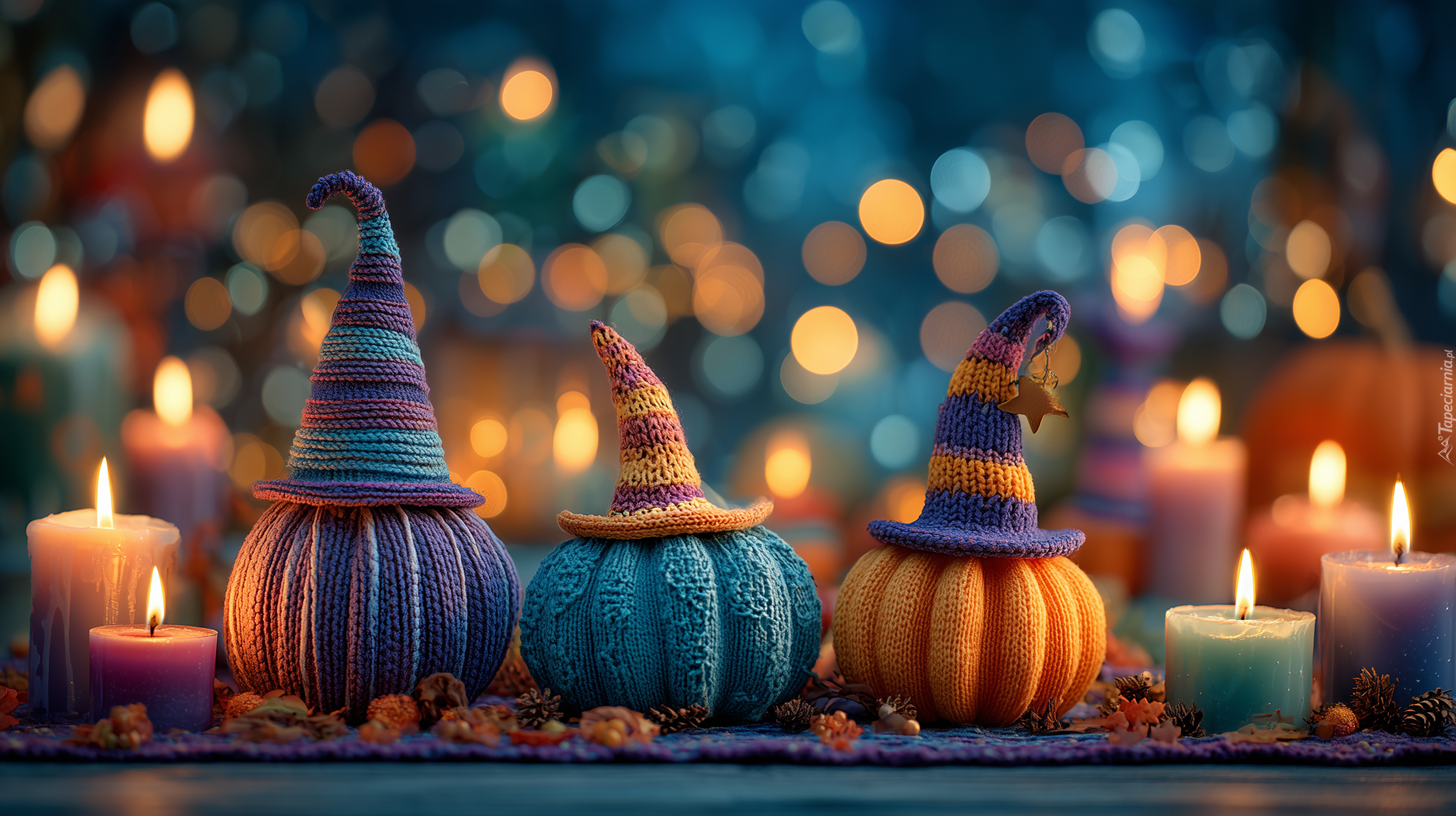 Dynie, Włóczka, Świece, Bokeh, Grafika