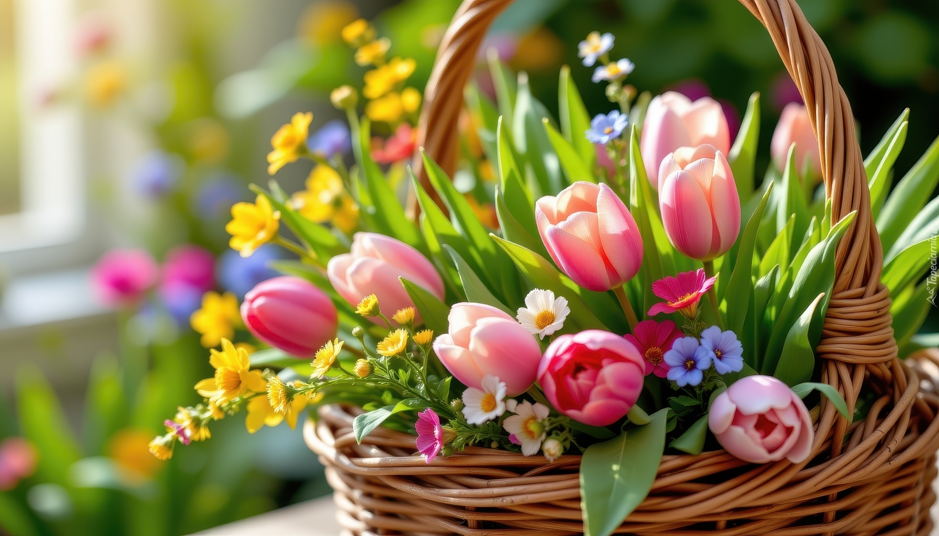 Kolorowe, Kwiaty, Tulipany, Wiklinowy, Koszyk