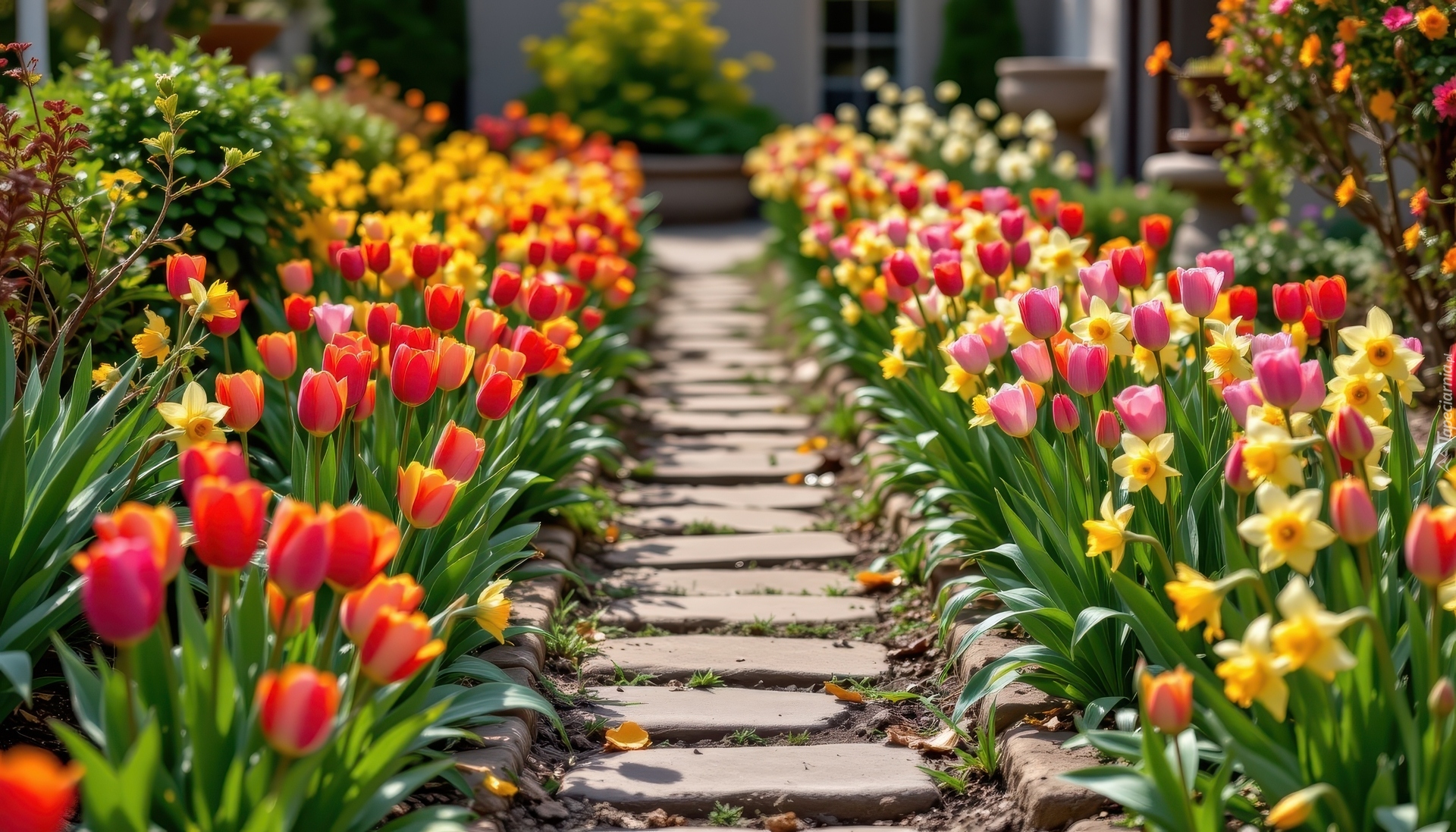 Kwiaty, Tulipany, Narcyzy żonkile, Ścieżka, Ogród