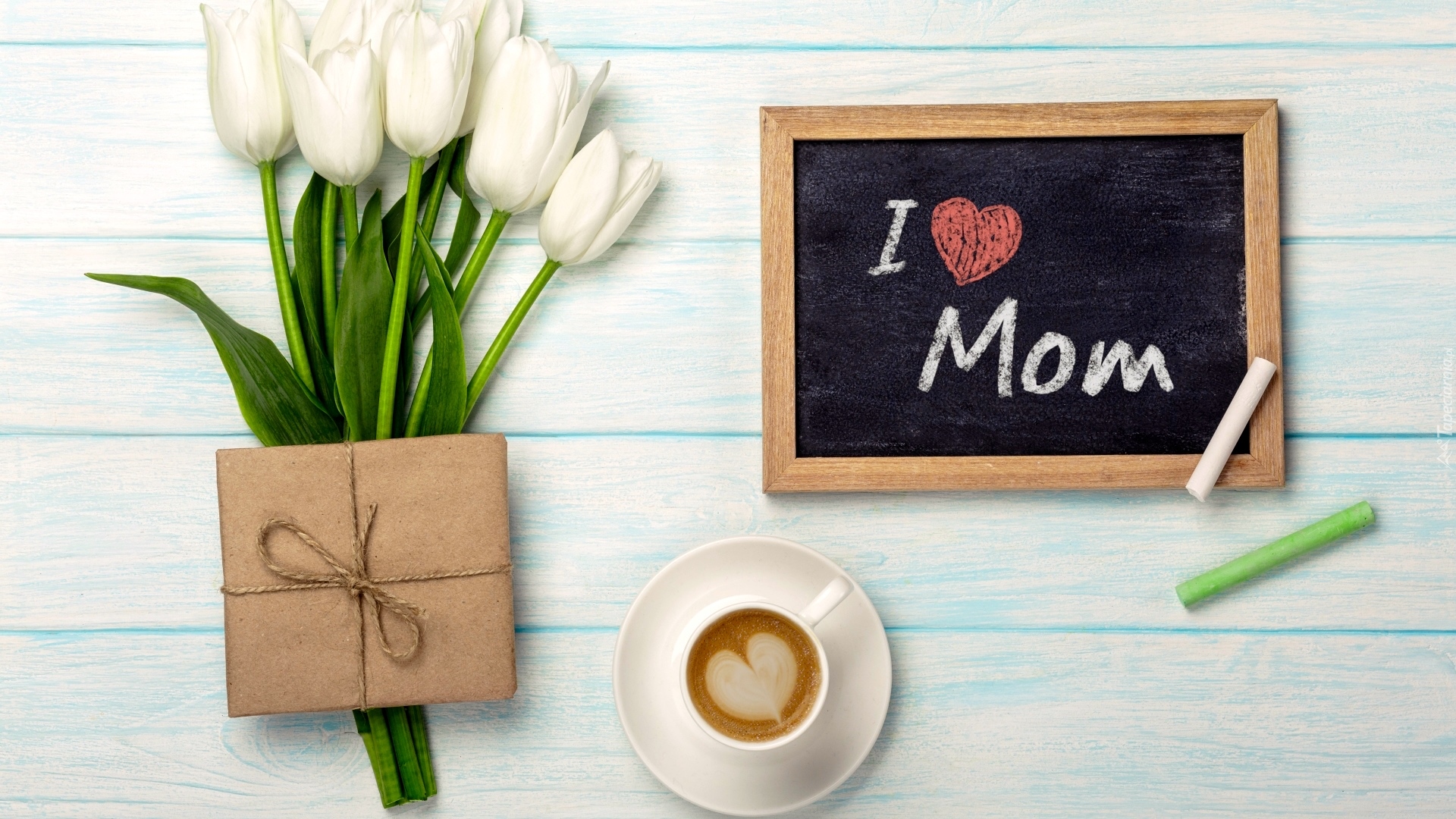 Dzień Matki, Tulipany, Filiżanka, Kawa, Prezent, Tabliczka, Napis, Kreda