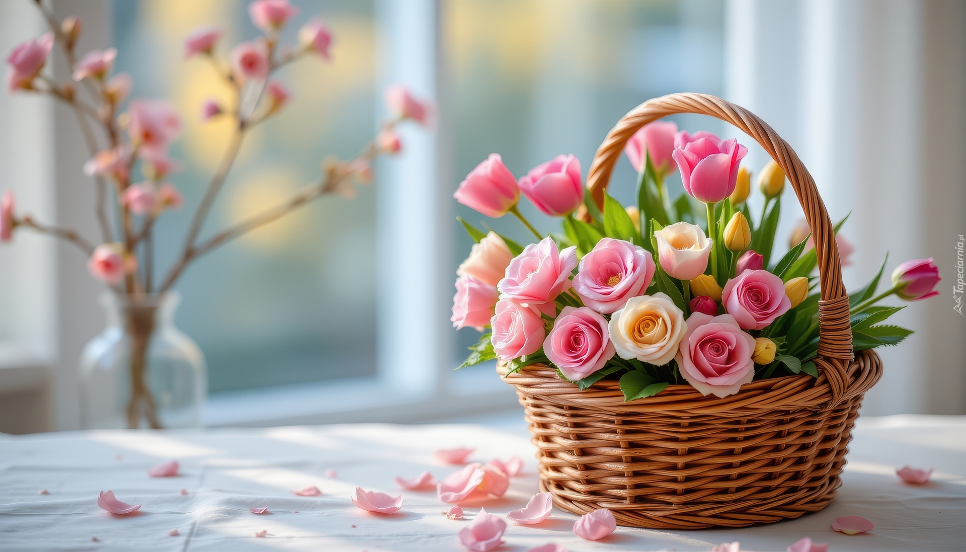 Kwiaty, Róże, Tulipany, Płatki, Koszyk, Okno