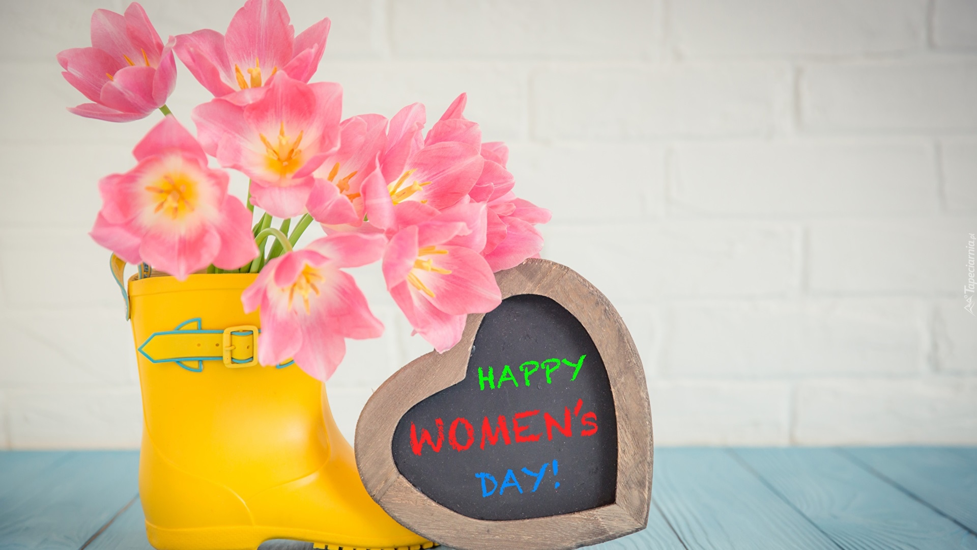 Dzień kobiet, Kalosz, Bukiet, Tulipany, Serce, Napis, Happy Womens Day
