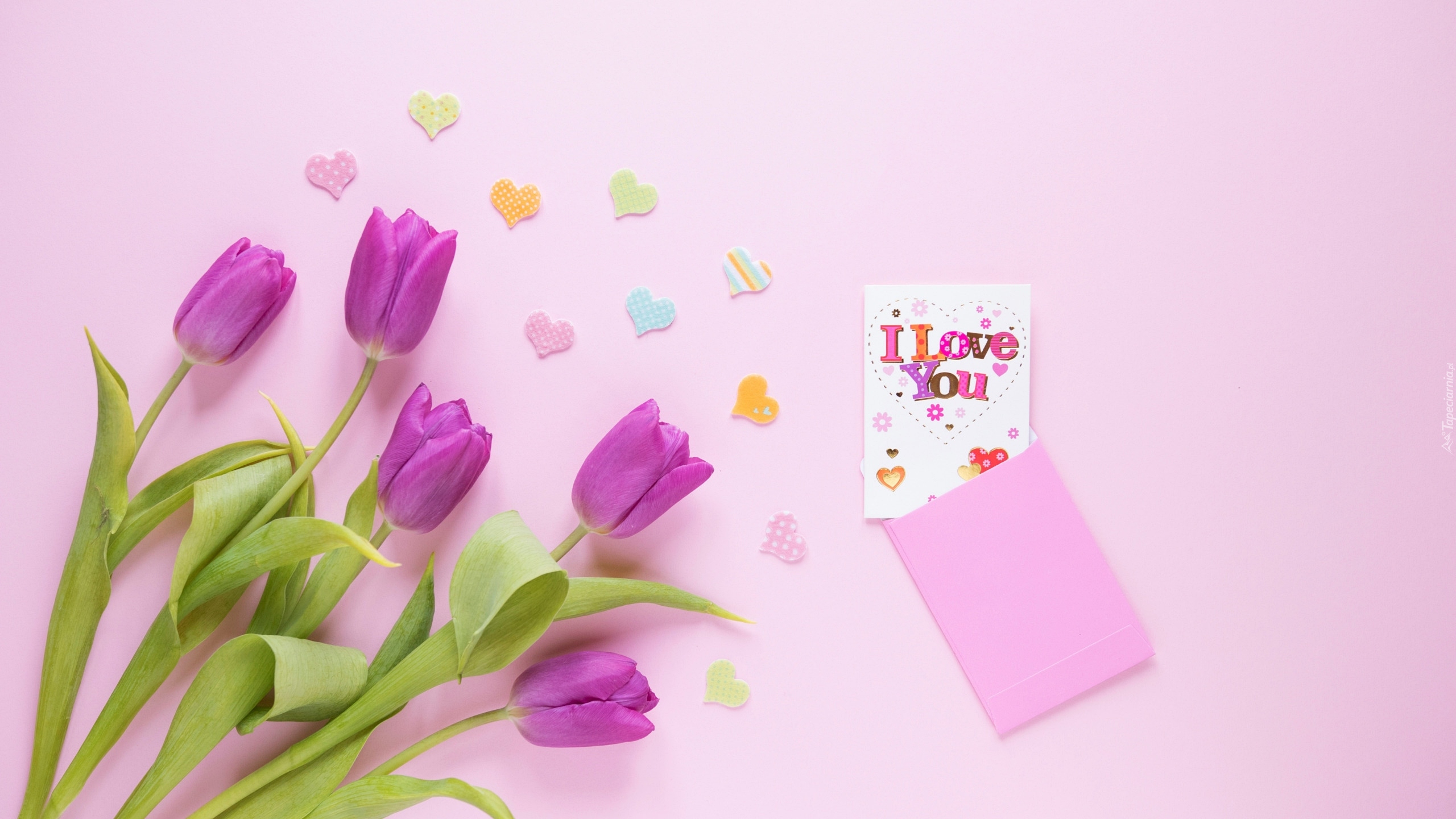 Kwiaty, Tulipany, Serduszka, Kartka, Napis, I love you, Różowe tło
