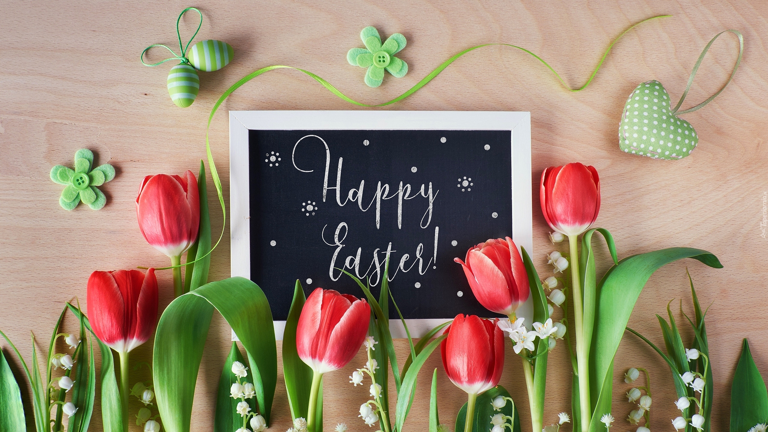 Wielkanoc, Tulipany, Konwalie, Tablica, Napis, Happy Easter, Zawieszka, Serce, Jajeczka