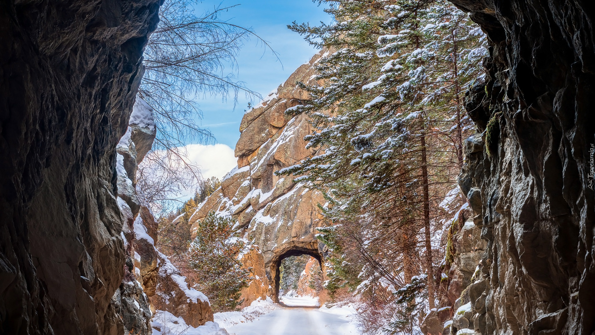 Zima, Góry, Drzewa, Droga, Tunel, Skała