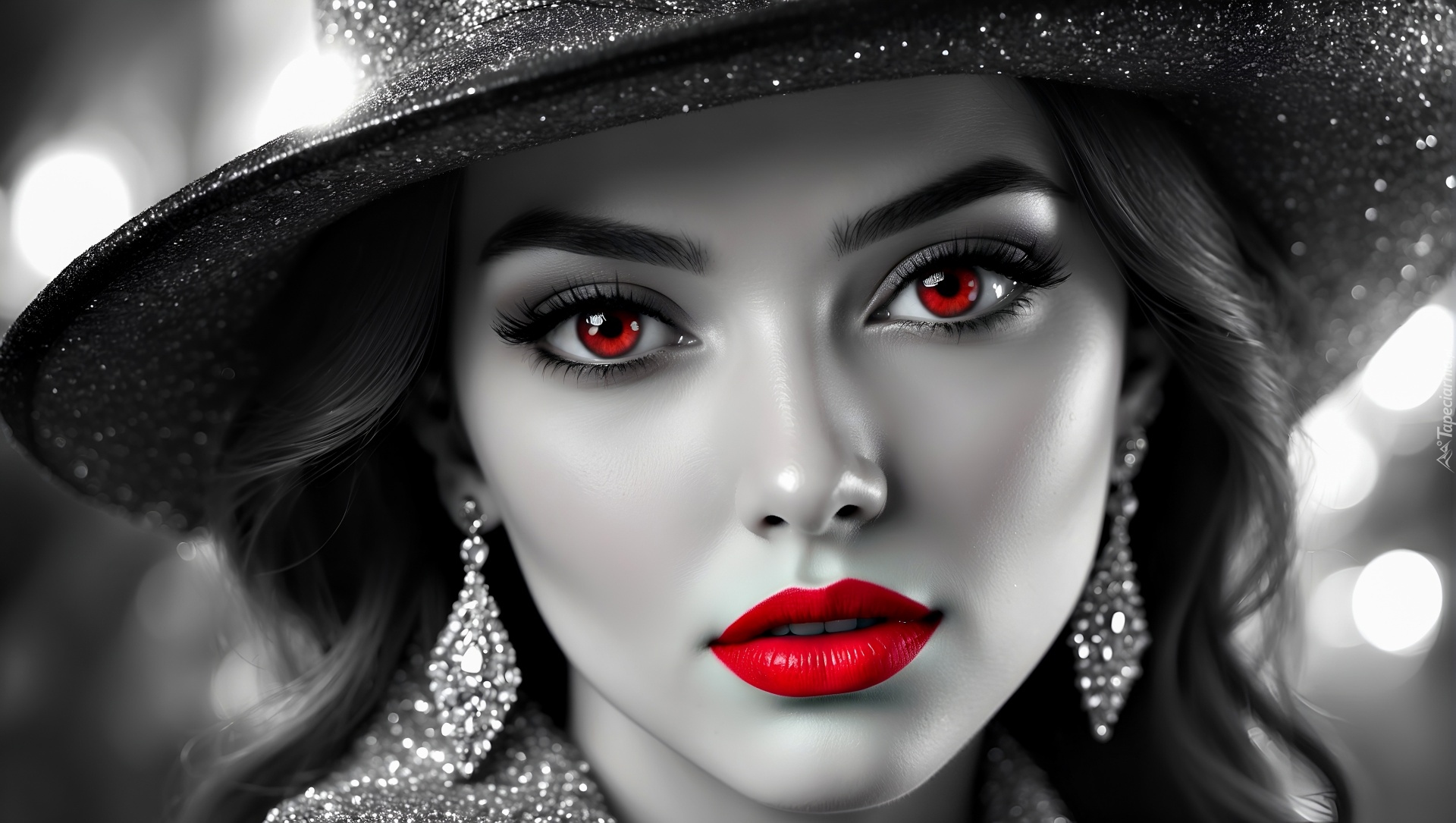 Kobieta, Kapelusz, Biżuteria, Czerwone, Usta, Oczy, Grafika