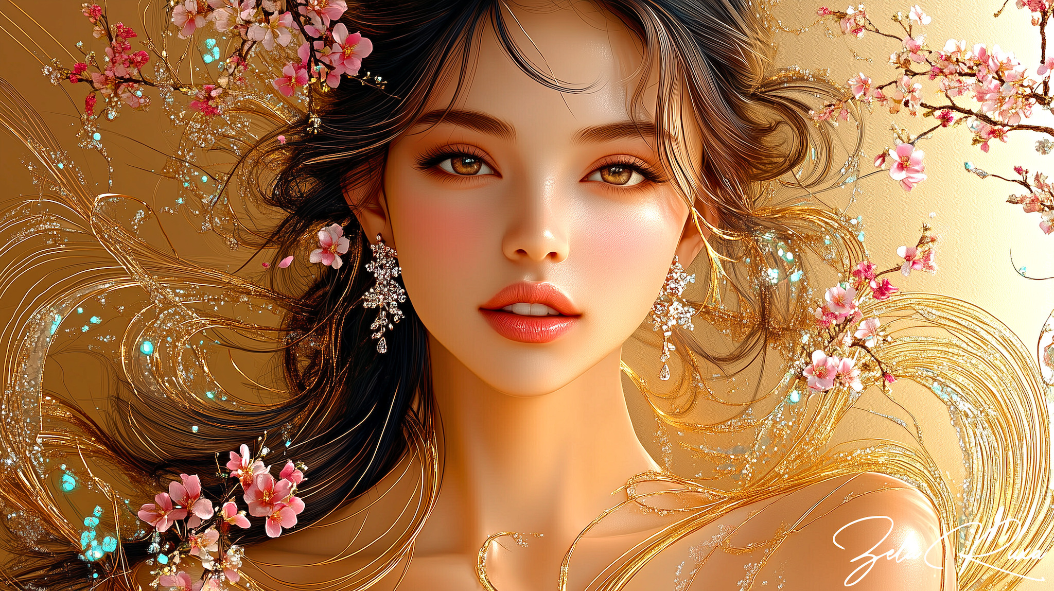 Grafika, Dziewczyna, Kwiaty, Kolczyki