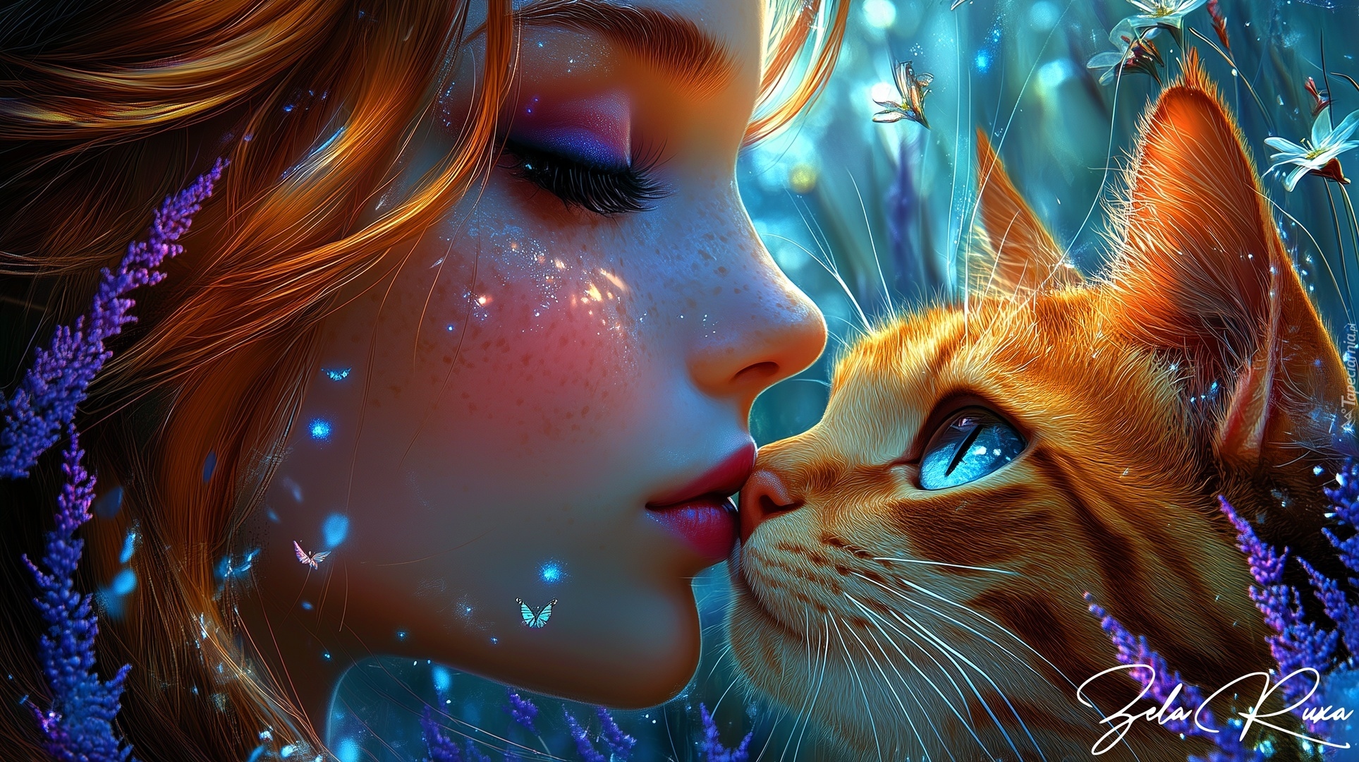 Dziewczyna, Rudy, Kot, Grafika AI