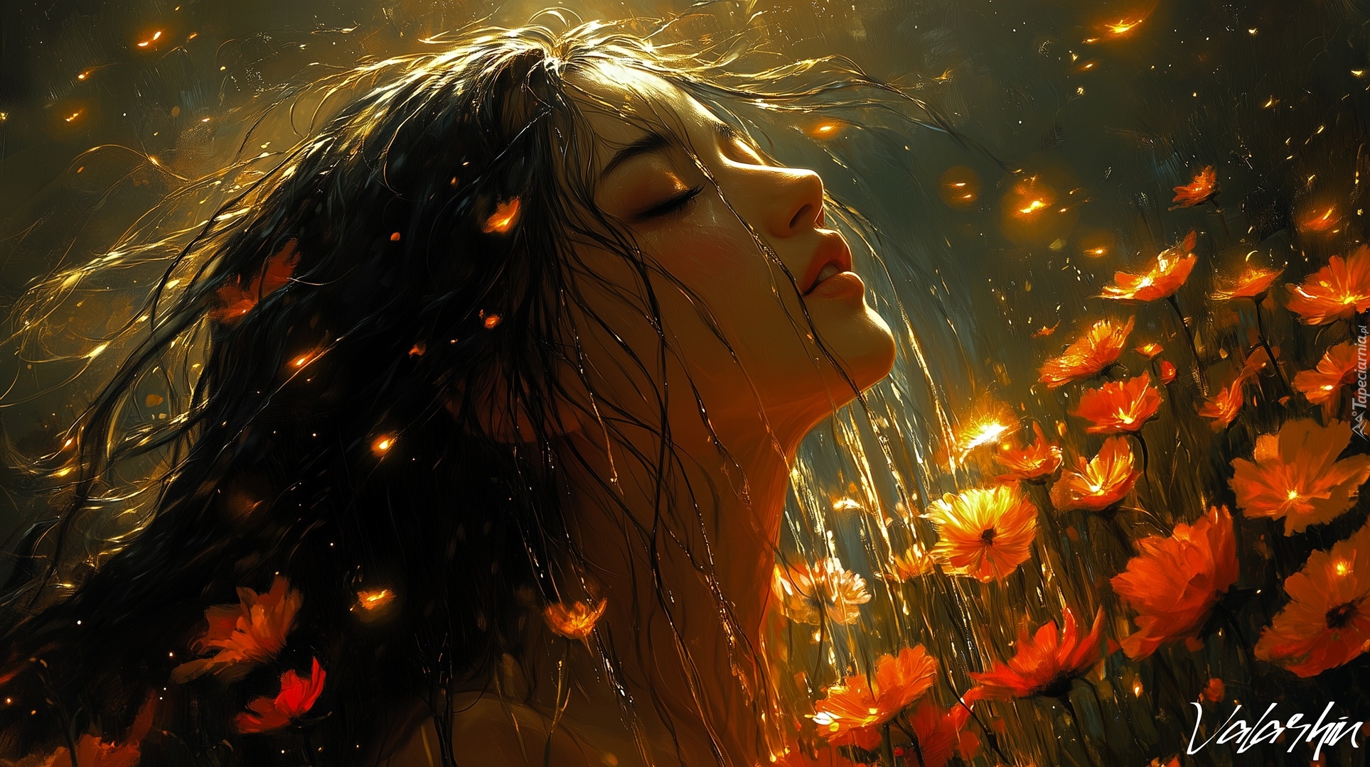 Dziewczyna, Twarz, Włosy, Kwiaty, Grafika AI