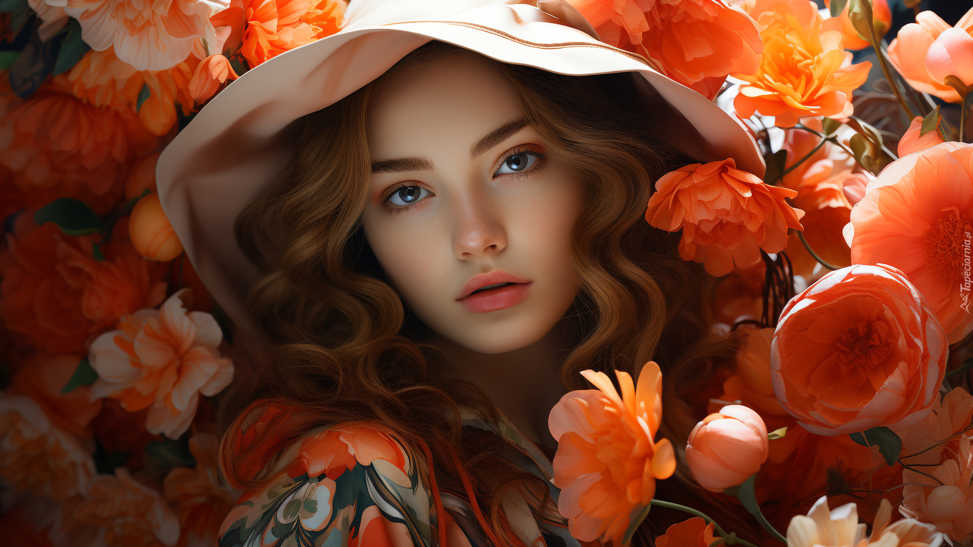 Kobieta, Kapelusz, Pomarańczowe, Kwiaty, 2D