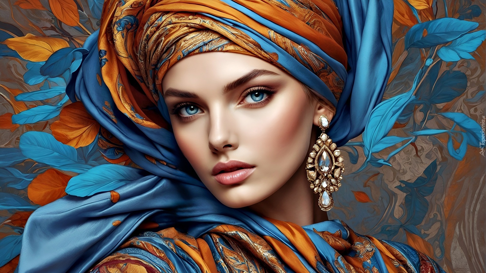 Kobieta, Turban, Materiał, Kolczyk, Grafika