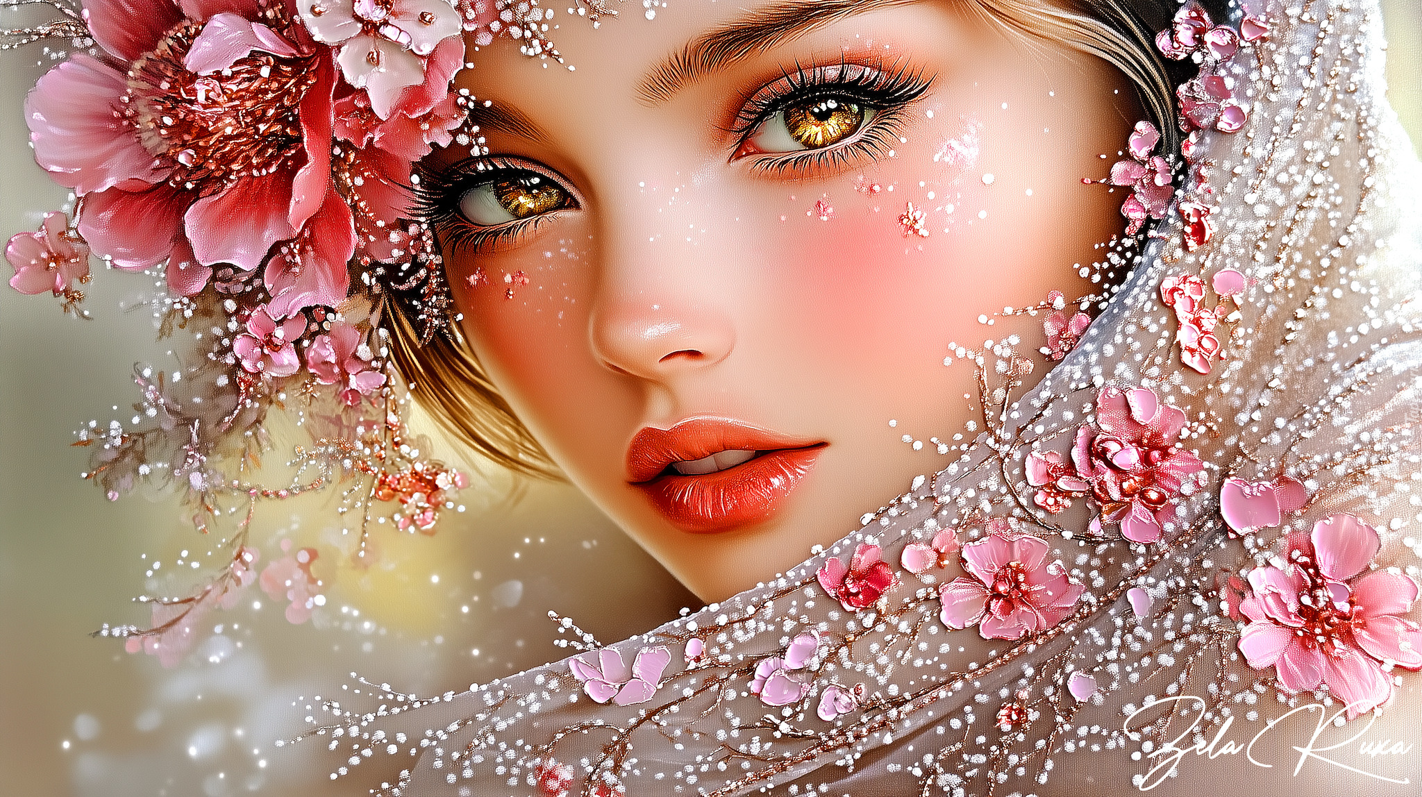 Kobieta, Twarz, Spojrzenie, Kwiaty, Grafika