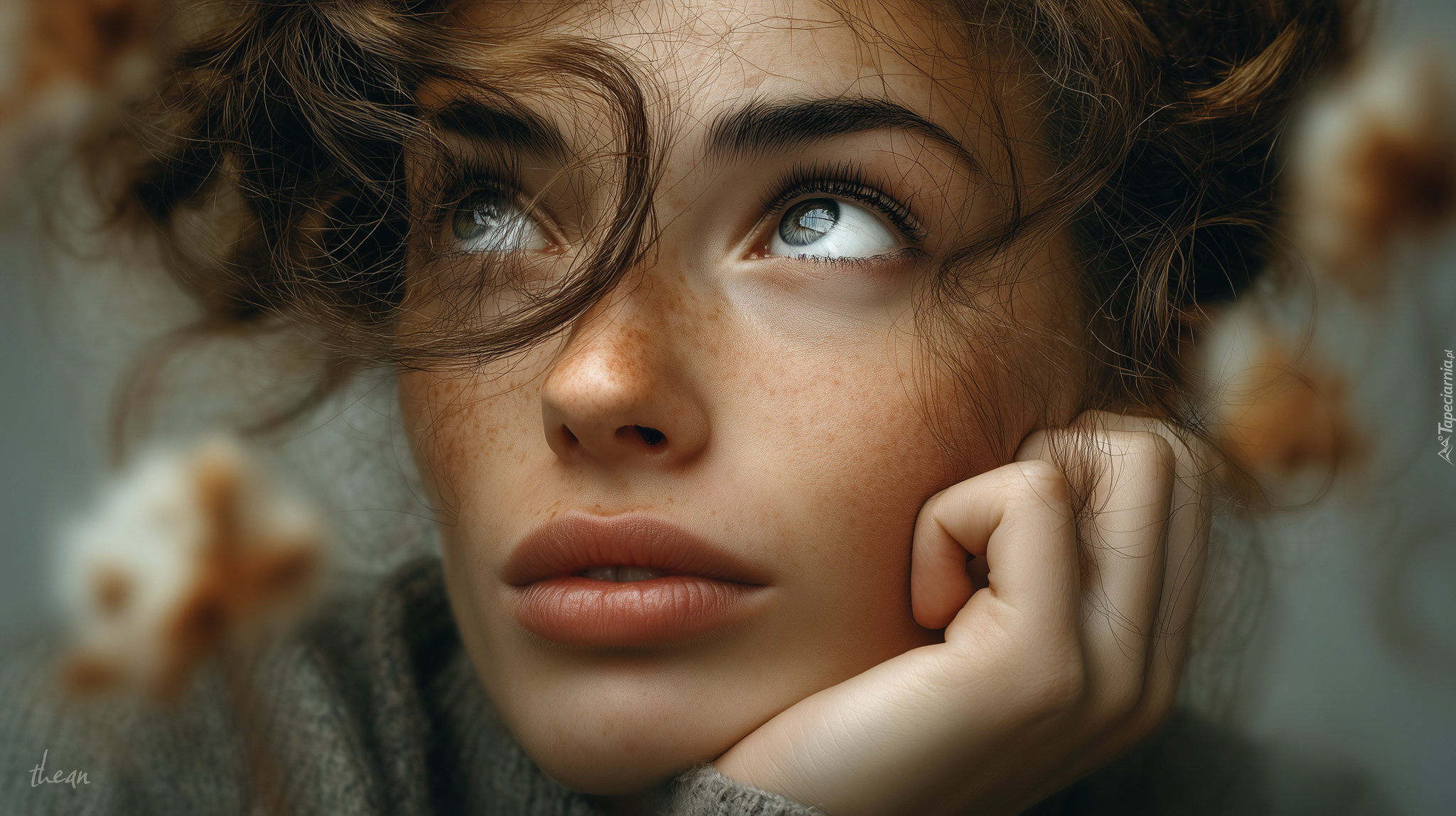 Kobieta, Szatynka, Twarz, Piegi, Loki, Dłoń, Grafika AI