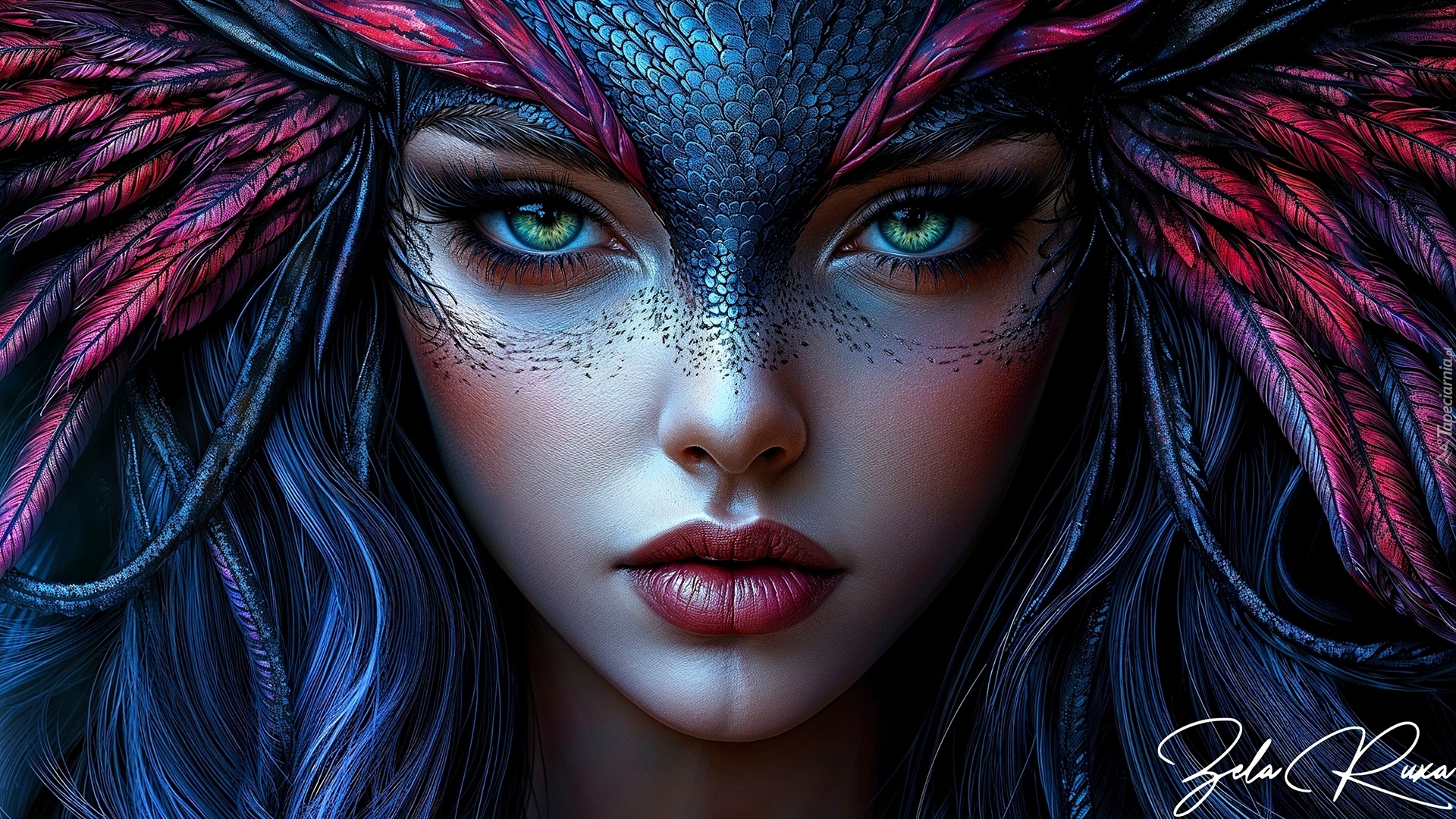 Kobieta, Twarz, Łuski, Spojrzenie, Pióra, Grafika AI